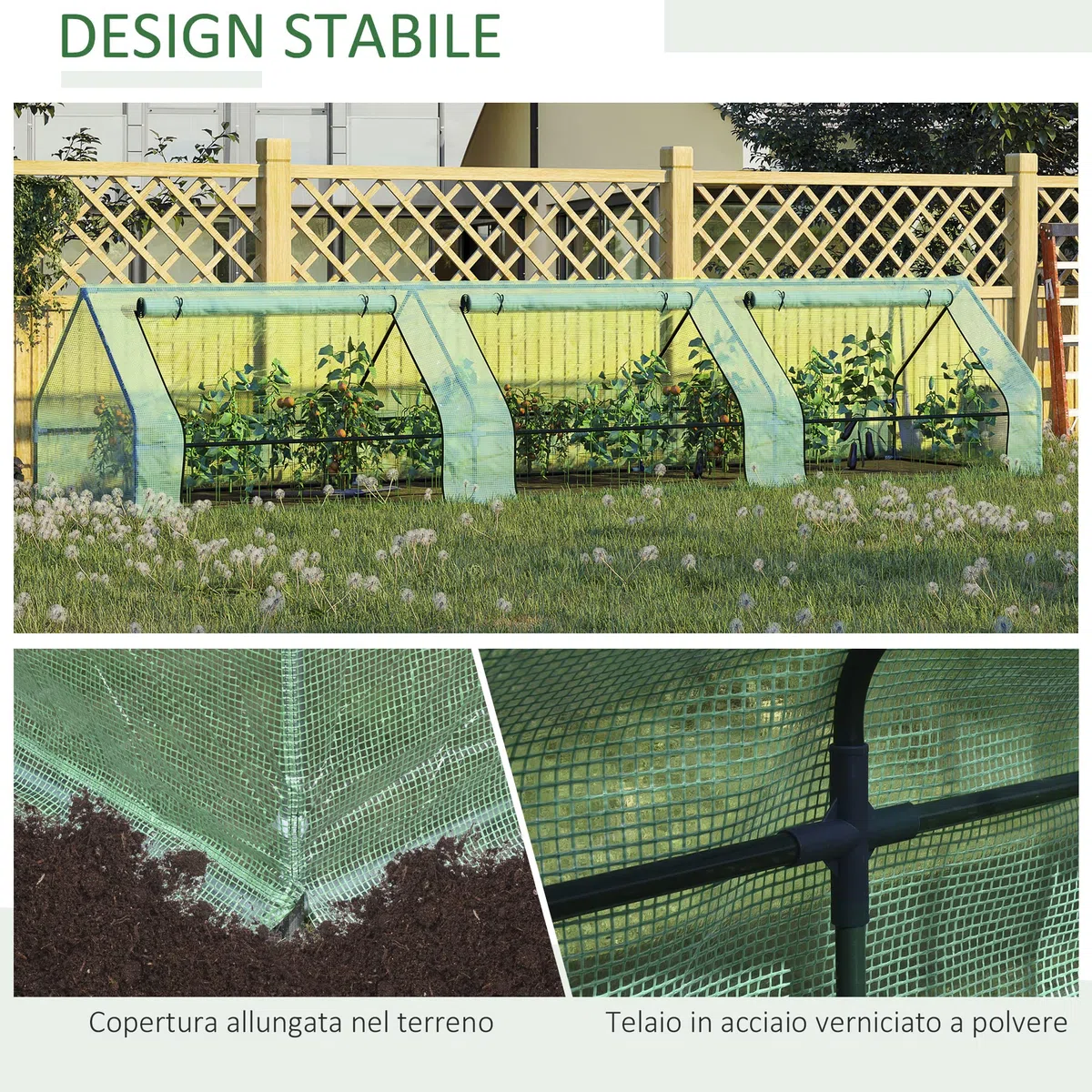 Outsunny Serra per Orto Impermeabile e Anti UV con 3 Finestre Avvolgibili, Mini Serra per Piante in Acciaio e Polietilene, 400x100x80 cm, Verde