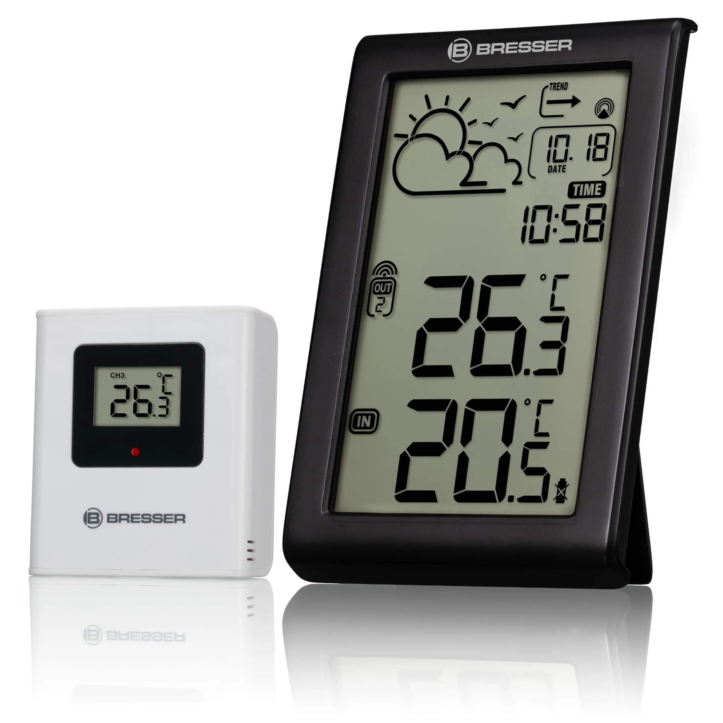 Bresser Stazione meteo radio con sensore esterno Meteo Temp W, termometro interno ed esterno, previsioni meteo, allarme antigelo, orologio radio DCF, ampio display digitale