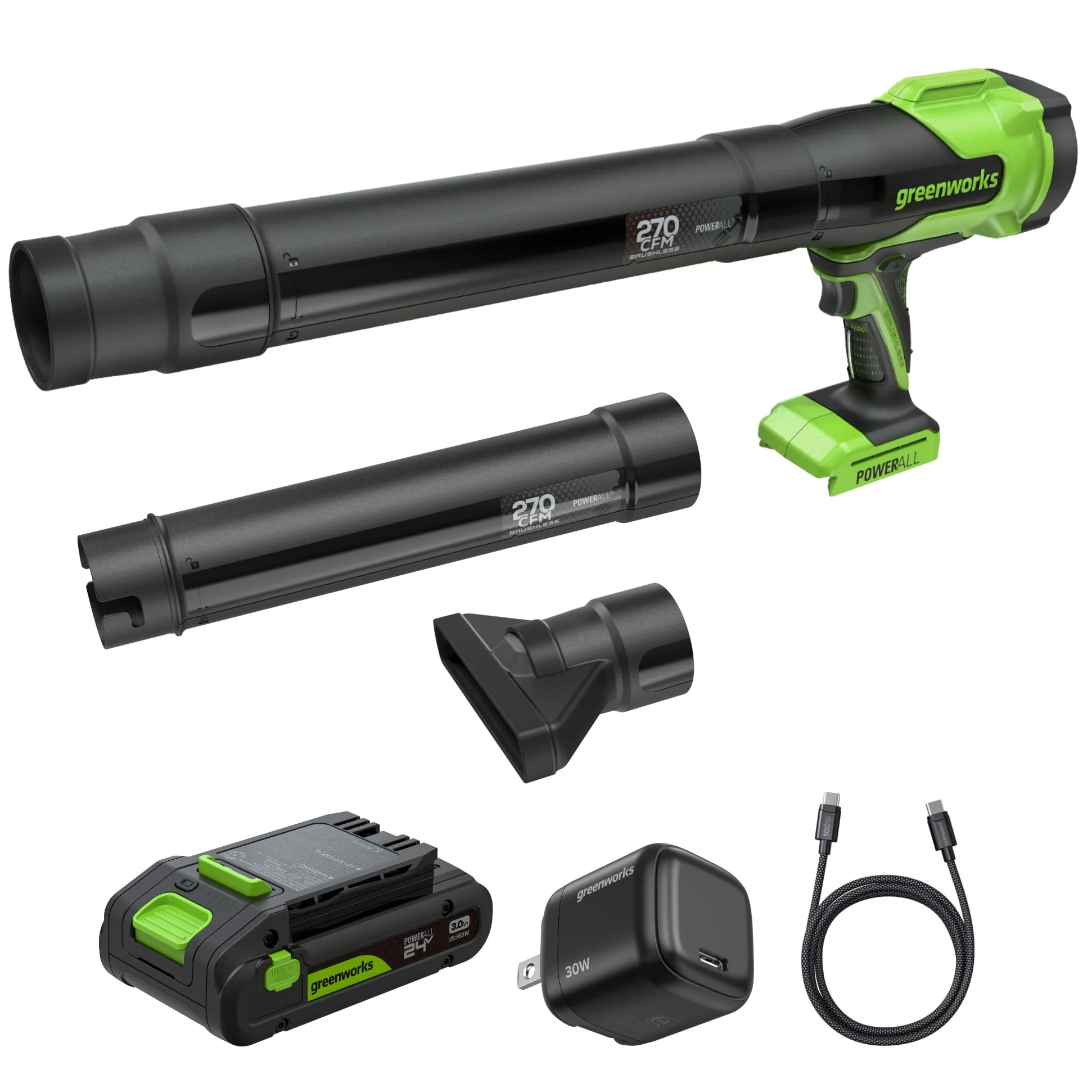 Greenworks 24V Soffiatore a Batteria con 4Ah & Caricatore 65W PD, 209km/h 7,65m³/min Potente da Giardino & Auto, Leggero, Velocità Variabile BL1002HA1