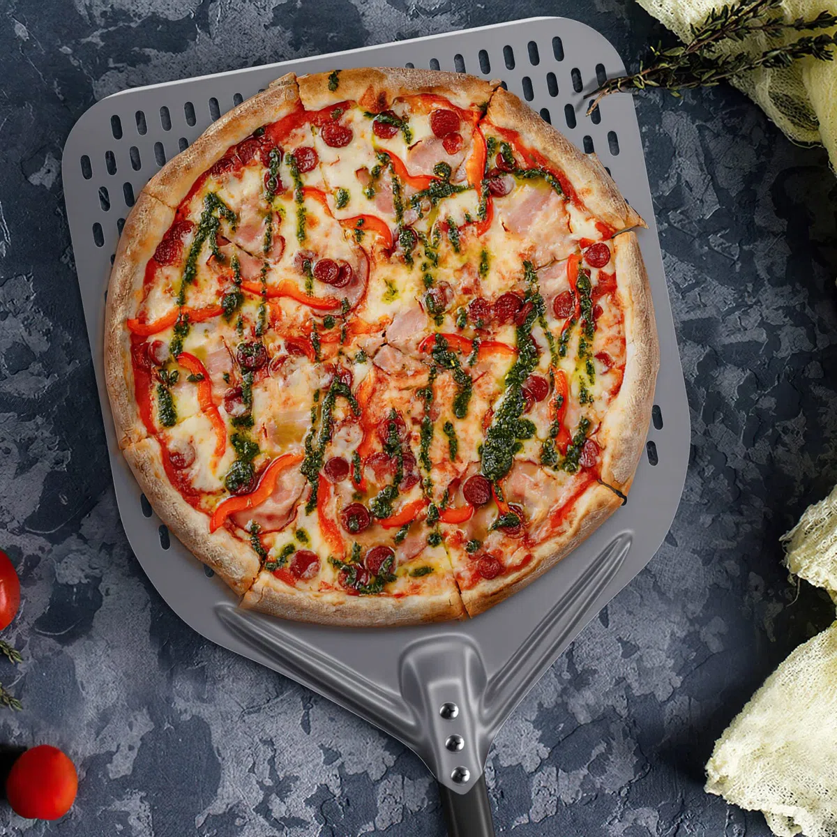 Pala per pizza, 34,7 x 118 cm, perforata in alluminio anodizzato duro, per una facile scorrevolezza su pietra per pizza, rettangolare, grande superficie e manico rimovibile per barbecue, forno