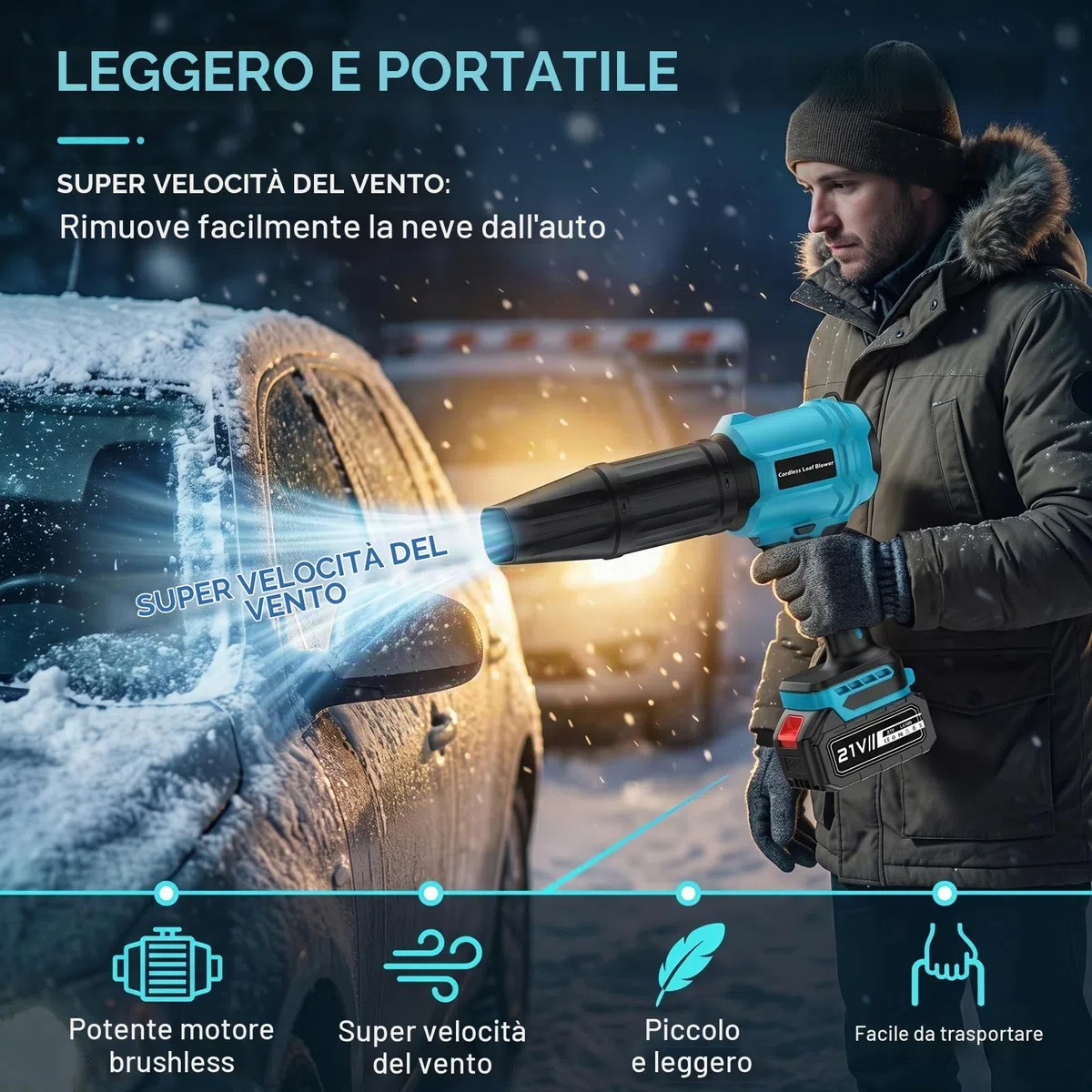 Soffiatore a batteria con 2 batterie da 4,0 Ah, motore turbo da 800.000 giri/min, velocità dell'aria 65 m/s, soffiatore senza fili con regolazione continua e 2 tubi di soffiaggio per giardino