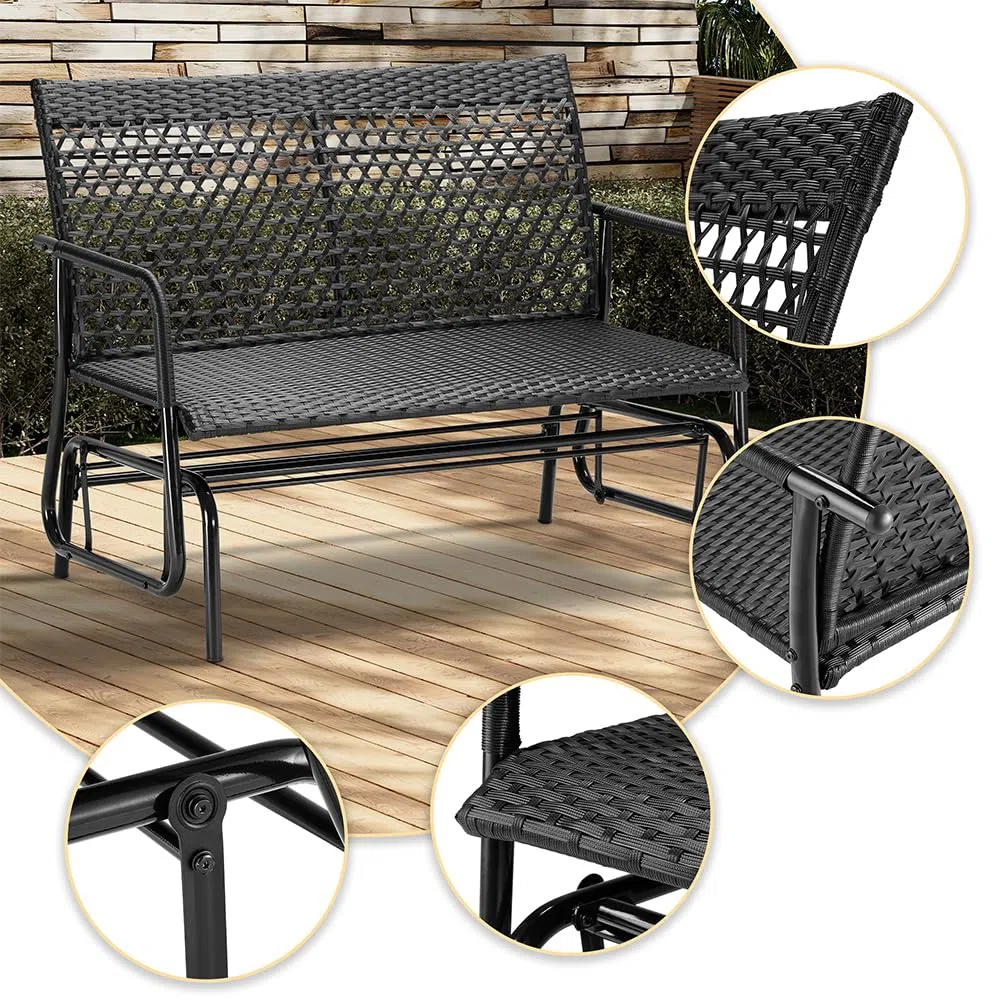 BAKAJI Panchina a Dondolo in Rattan 2 Posti da Esterno, Panca da Giardino Basculante, Divanetto Dondolante Ergonomico con Struttura Resistente ai Raggi UV e Intemperie, Adatto Balconi, Patio, Terrazzo