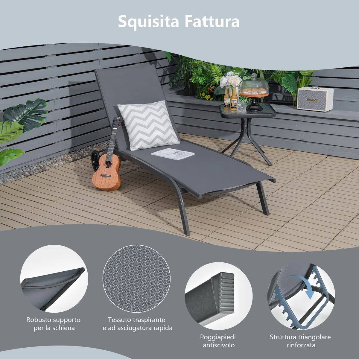 COSTWAY Lettino Prendisole con Ruote, Sdraio da Giardino Regolabile in 6 Posizioni, Struttura Metallica e Tessuto Traspirante, per Giardino, Piscina e Spiaggia, Portata 150 kg (1, Grigio)