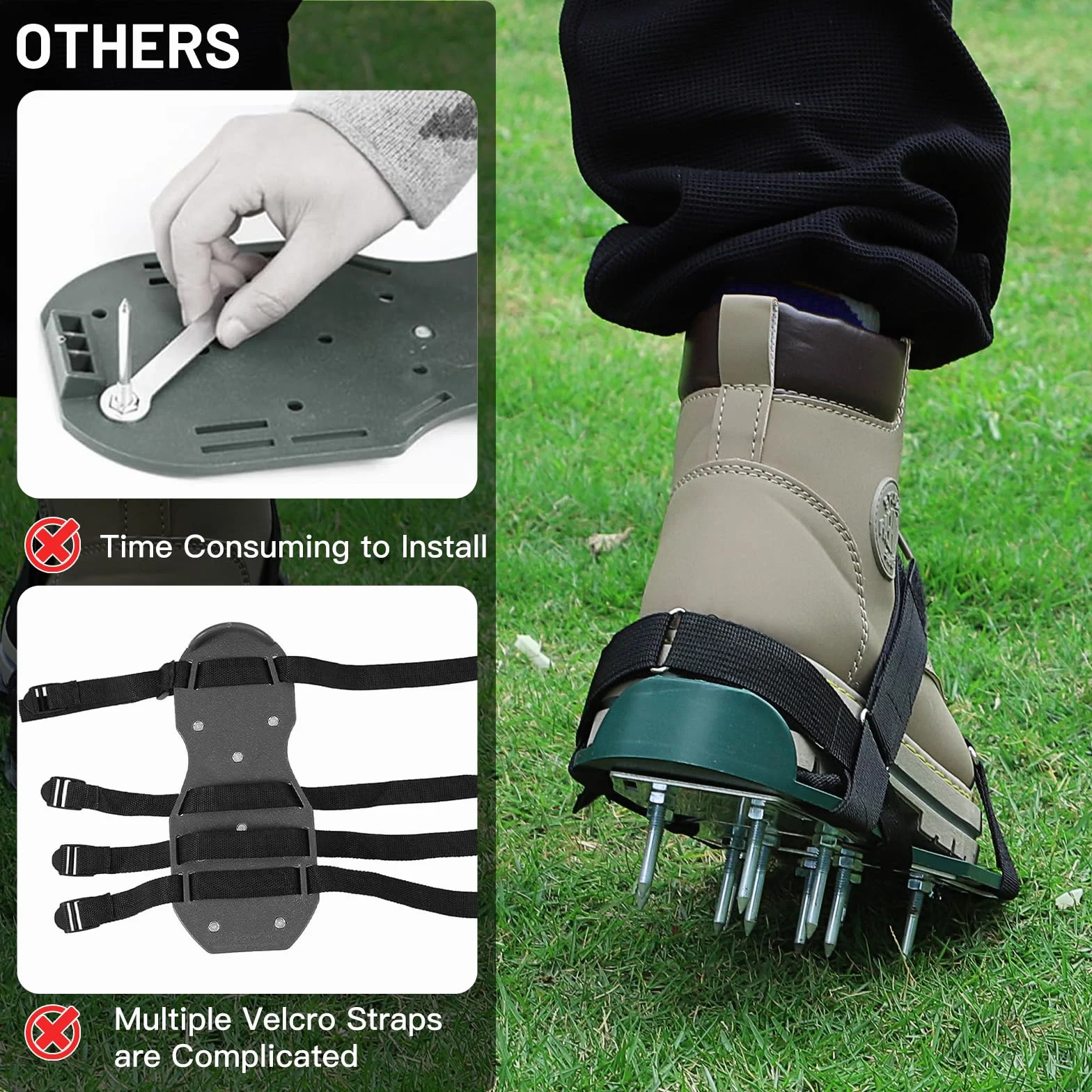 LALAGO 1 Coppia Arieggiatore Prato Scarpe Chiodate Verde, Sandalo Livellatore per Ventilator con Velcro e Spatola, Scarificatore Arieggiatore Manuale, Scarpe per Arieggiare per Cortile Giardino