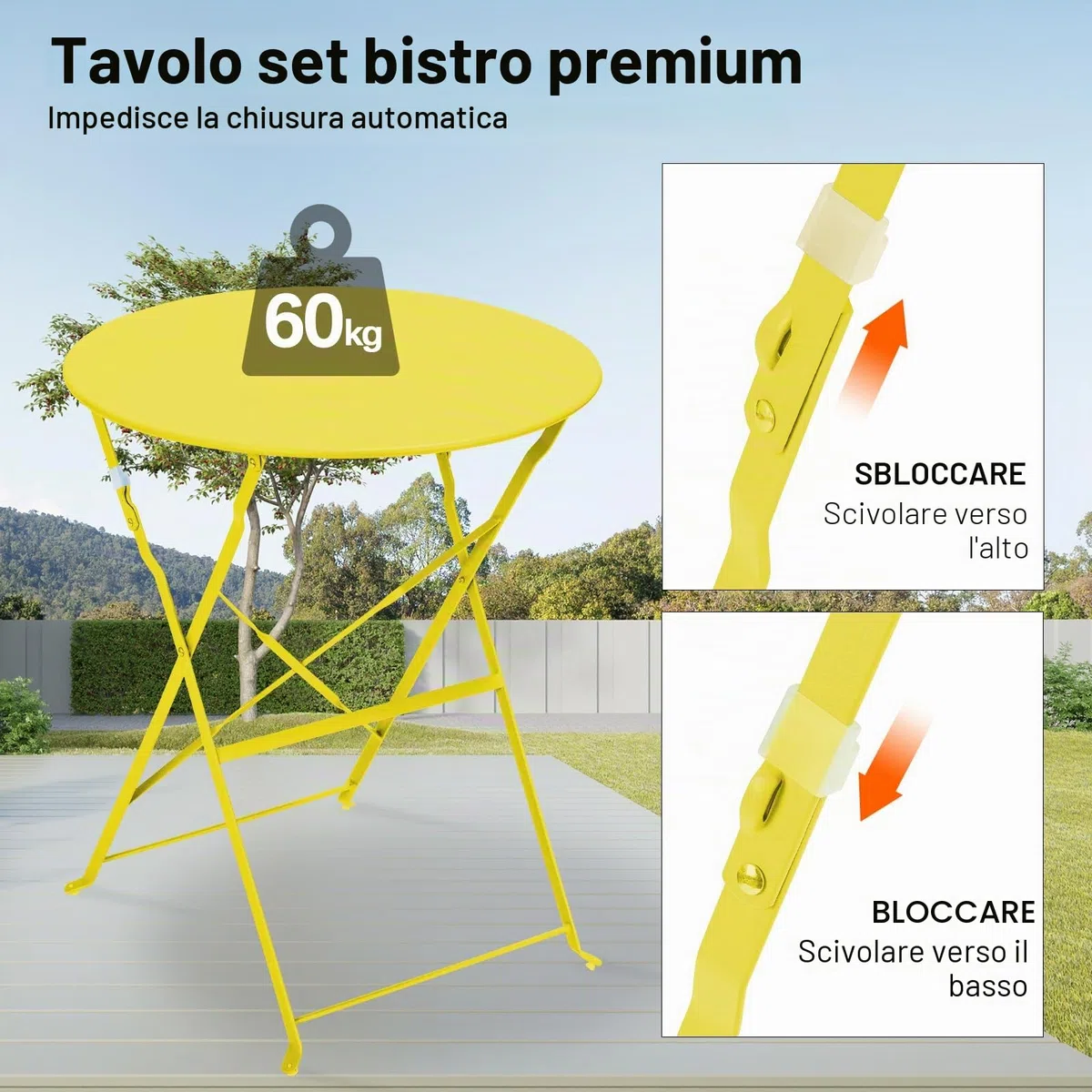 LIFERUN Set da Bistrot Pieghevole 3 Pezzi, Tavolo da Giardino Bistrot in Metallo, 1 Tavolo e 2 Sedie per Piccoli Balconi, Resistente alle Intemperie, per Balcone, Giardino e Terrazzo, Giallo