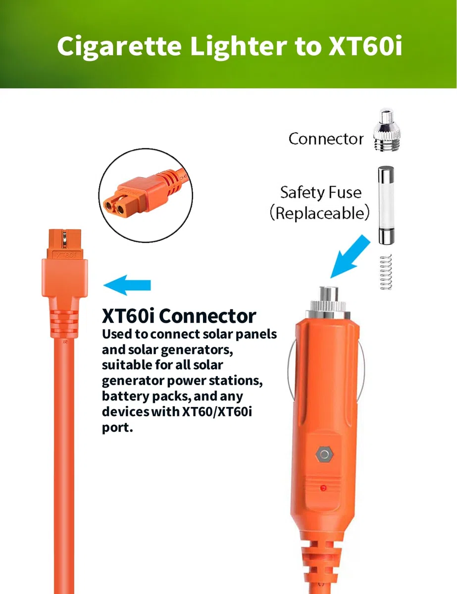 XT60i su Accendisigaro Cavo, 14AWG 12V/24V Ladekabel per Powerstation e Solargeneratore – Compatibile con ECOFLOW, Anker, DJI – Cavo di Estensione 2m per Auto, Camper