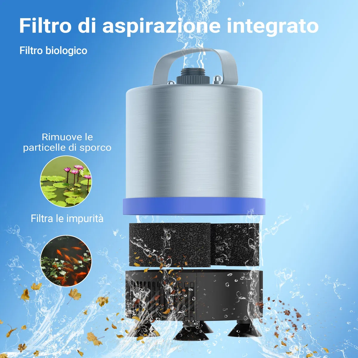 Wiltec Pompa per fontane in acciaio inox da 50 Watt 1.750 l/h Con 3 accessori per giochi d'acqua