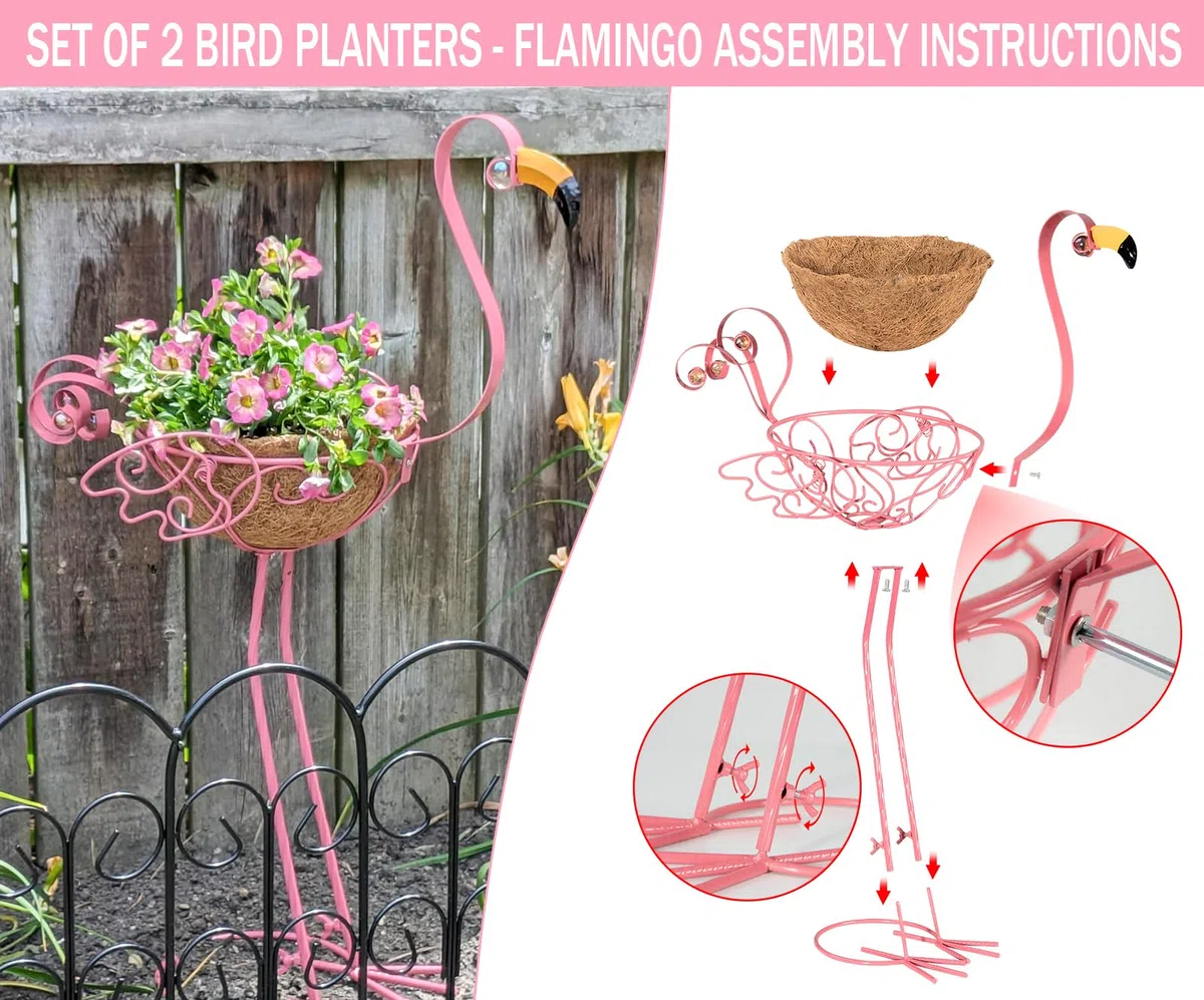 Fioriere in metallo a forma di fenicottero, set di 2 vasi rosa a forma di fenicottero per fiori e piante con cestino per decorazione di interni ed esterni giardino cortile terrazza veranda