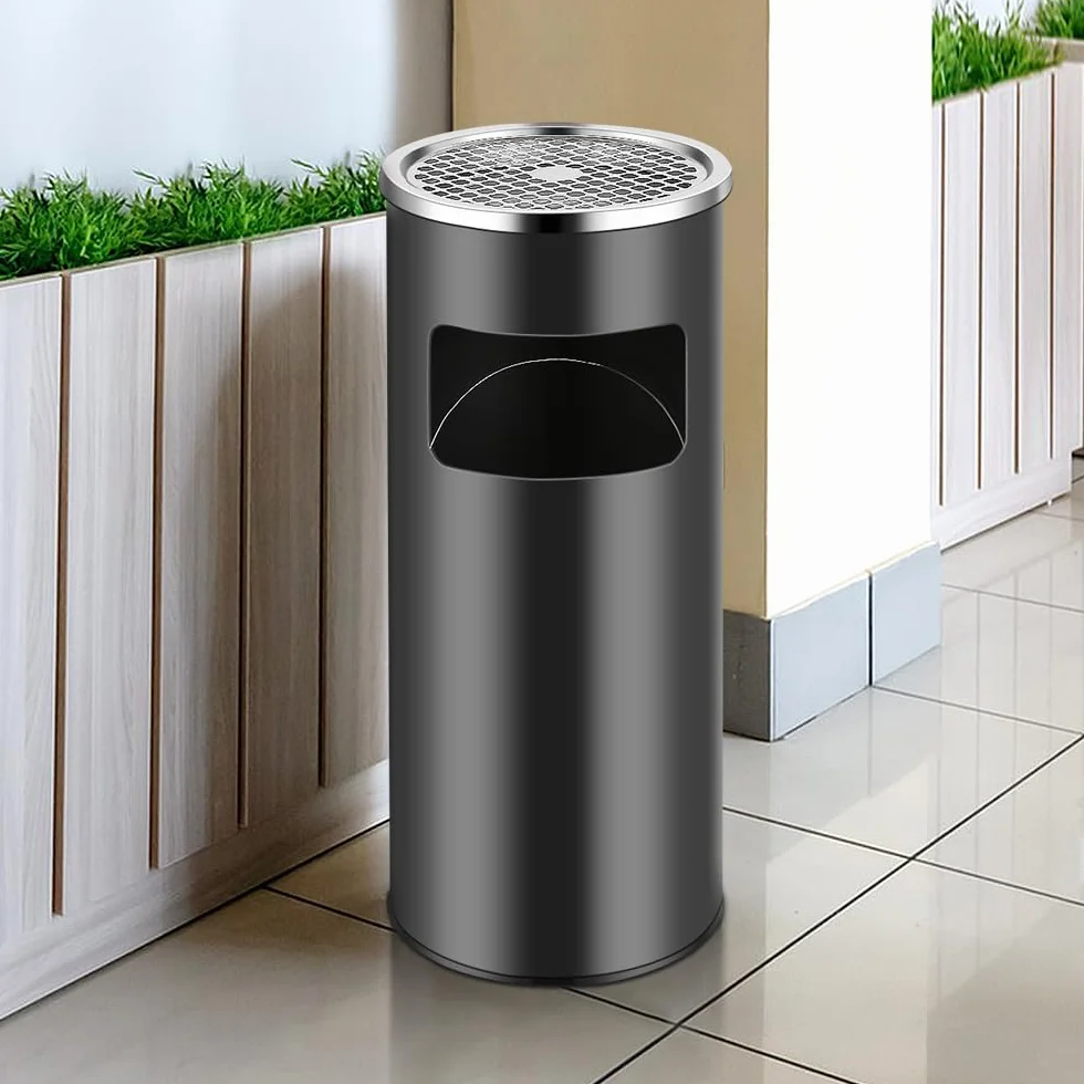 OHMG Contenitore per rifiuti da giardino, 30 L, posacenere rimovibile in acciaio inox, cestino rotondo con bidone e secchio interno, per interni ed esterni, commerciale (25 x 25 x 60 cm (nero))