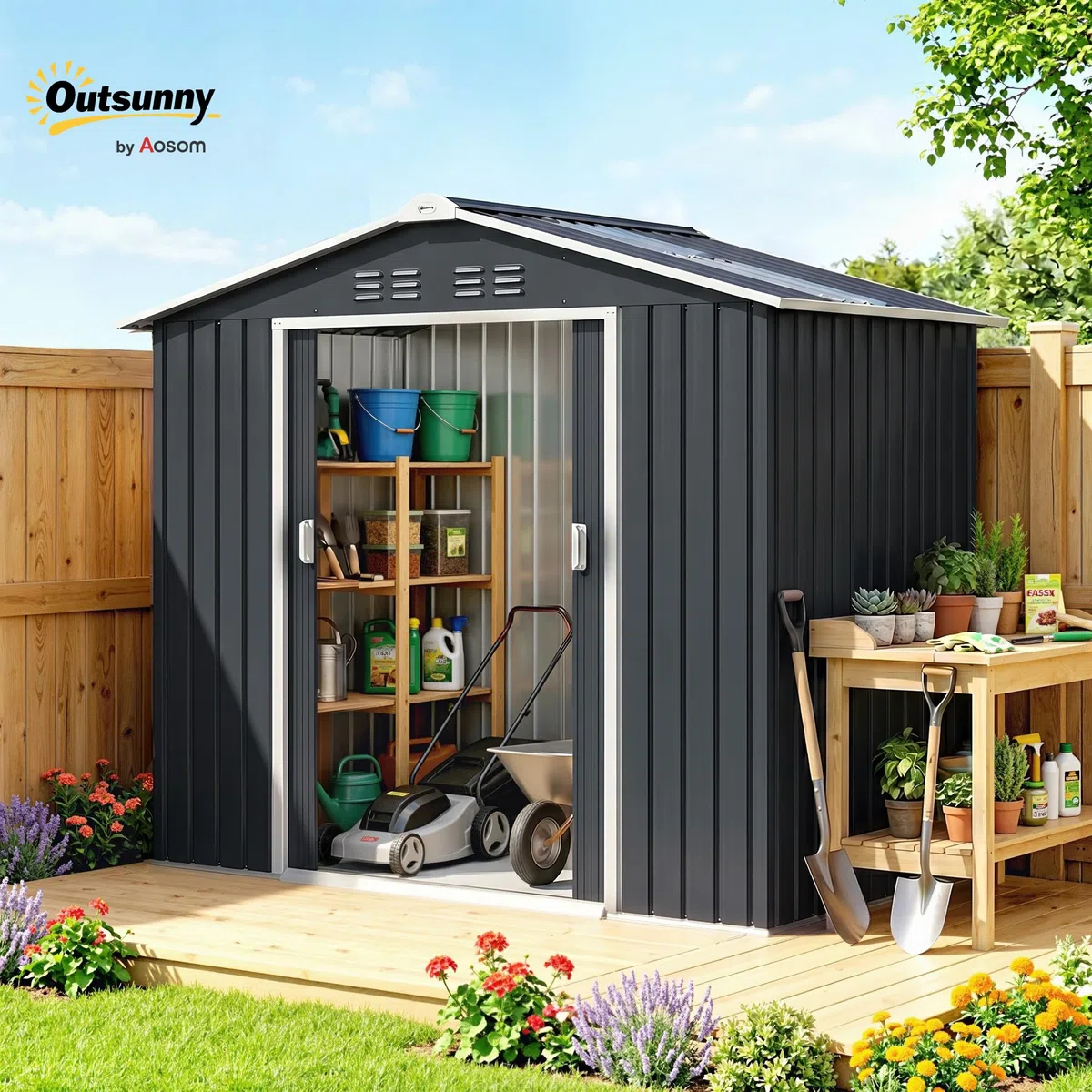 Outsunny Casetta da Giardino 2.42m² in Acciaio Zincato con Prese d'Aria e Kit Fondazione, Capanno da Giardino con Lucernario, Doppia Porta Scorrevole Bloccabile, Tetto Inclinato, Grigio Scuro