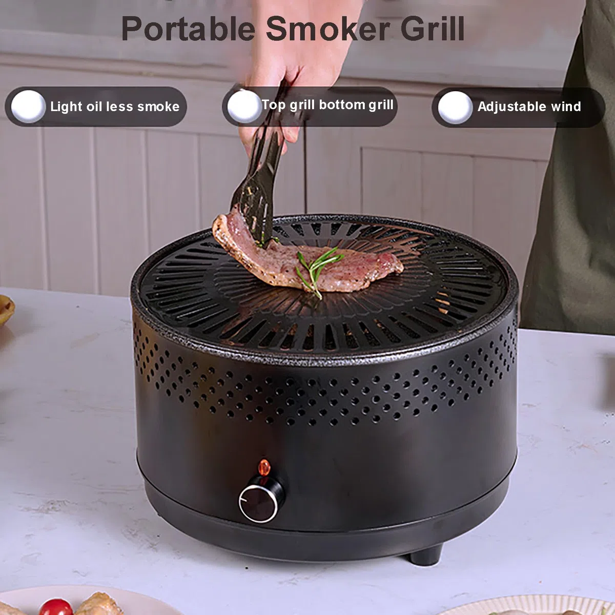 Griglia portatile a carbonella per barbecue, piccolo tavolo da esterno, ventilatore elettrico integrato con borsa da viaggio, facile da pulire, per cortile, campeggio, uso commerciale