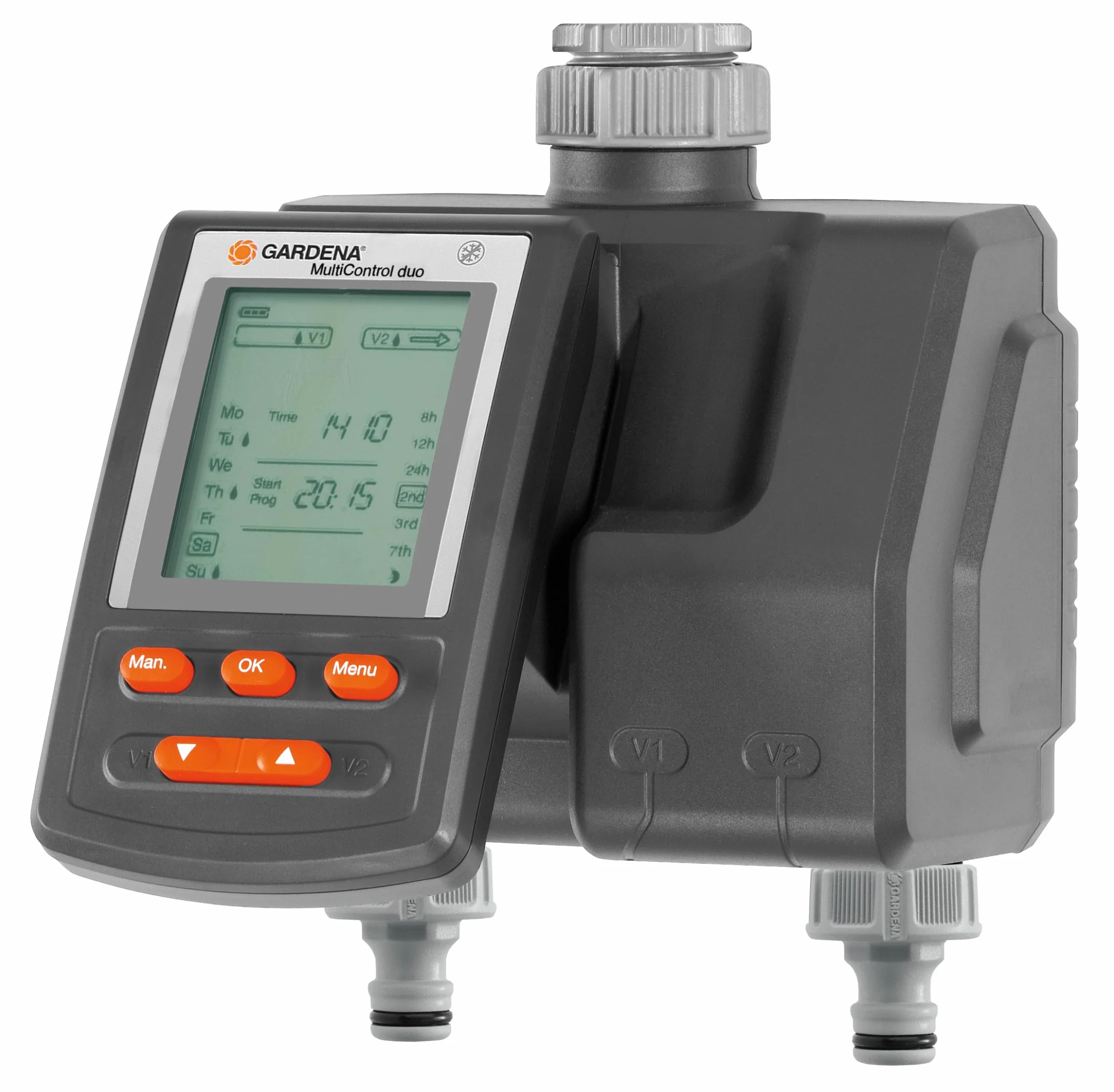 Gardena Programmatore per Irrigazione a Batteria Multicontrol: 2 Uscite Programmabili Singolarmente, per l'Irrigazione Automatica di Piante in Giardino, per Rubinetti da 26,5 mm e 33,3 mm (1874-20)