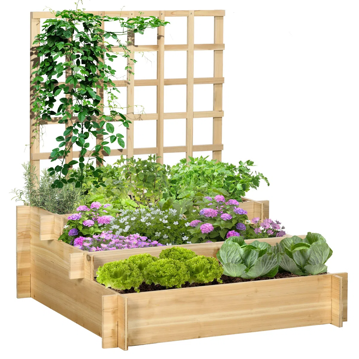 Outsunny Fioriera da Esterno a 3 Livelli con Grigliato in Legno di Abete e Tessuto non Tessuto, 95x95x110 cm, color Legno