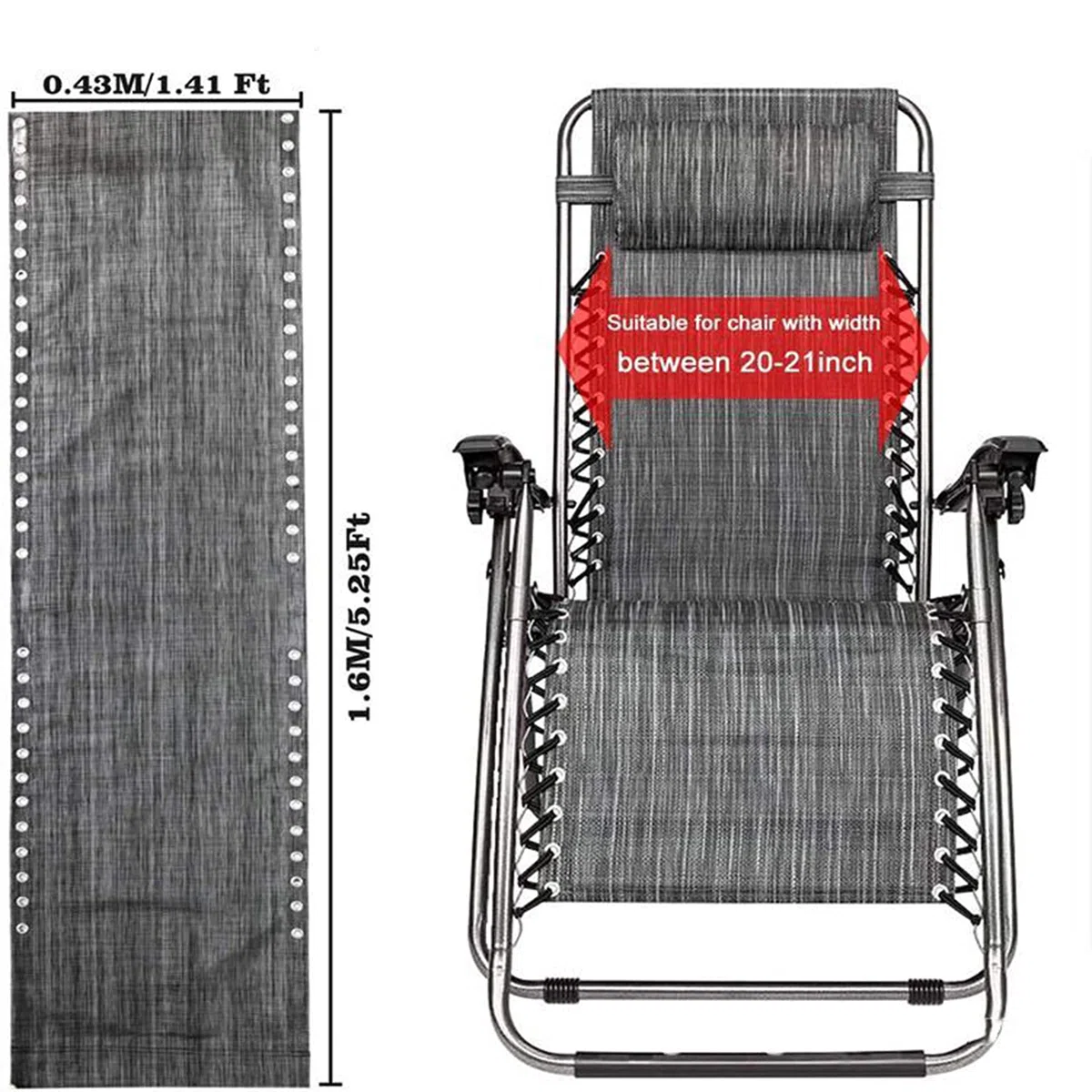 Azatemgo Tessuto Ricambio Sdraio Gravità Zero con 4 Cordini di Ricambio Universali per Sdraio - Nero 160 x 43 cm