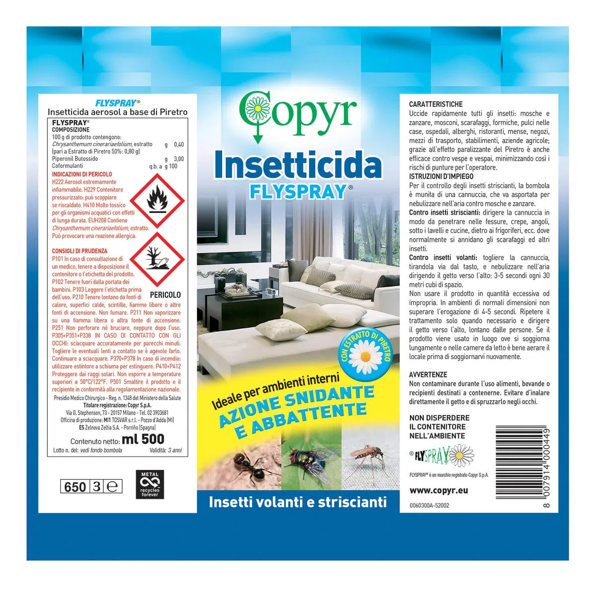 COPYR | Flyspray: Insetticida Pronto all'Uso Elimina Rapidamente Mosche, scarafaggi, formiche, Insetti delle derrate - bombola da 500 ml x 3 Pezzi