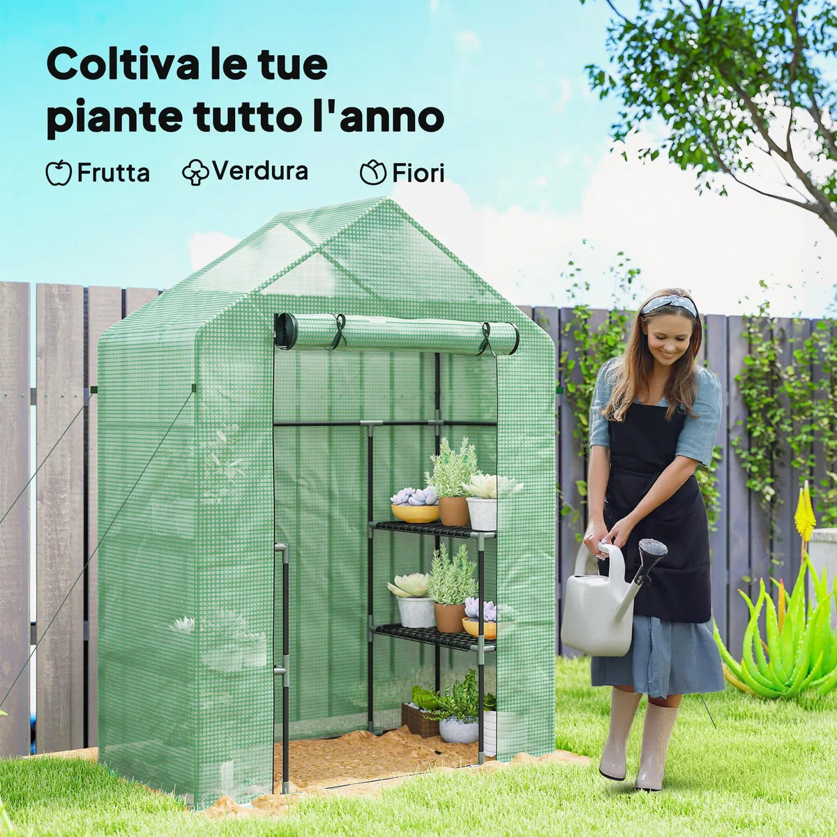 Outsunny Serra da Giardino con Ripiani a 3 Livelli 142x73x195 cm Verde | Porta Avvolgibile a Zip, Serra per Orto, Struttura in Acciaio, Copertura PE, Verdure Fiori Frutta, Anti UV, Giardinaggio