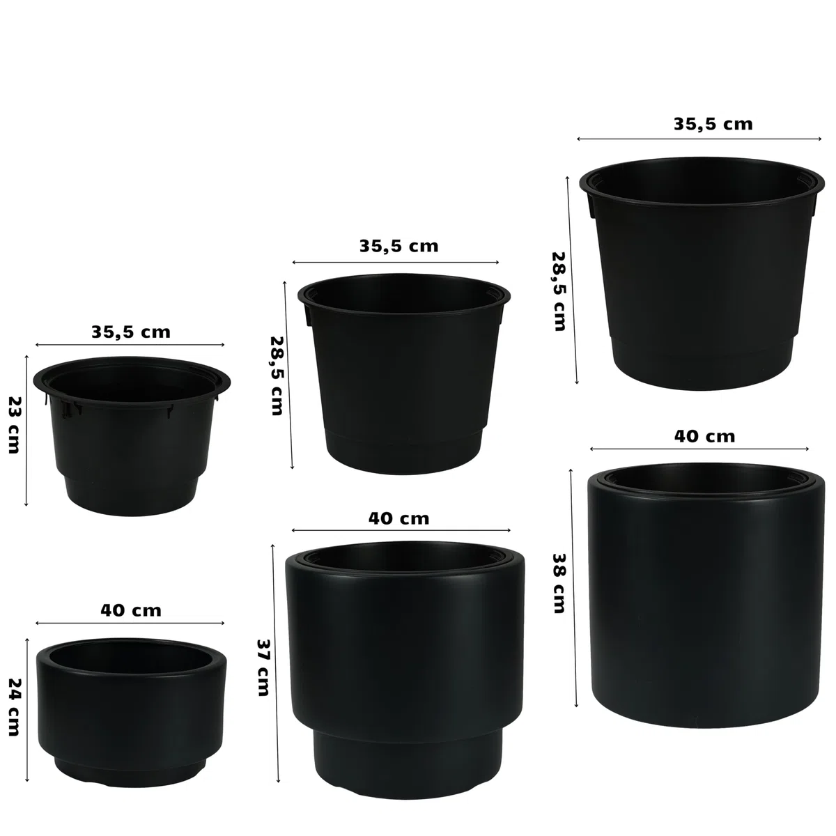 Set Vasi da Fiori con Inserto Antracite - Design Minimalista & Plastica Riciclata - Vasi per Casa & Giardino - 3 Misure: 24/37/38 cm