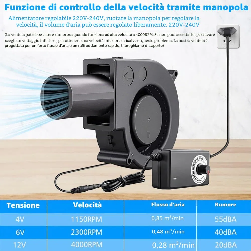 Ventola radiale da 12 V, 220 V, con controller per elettrodomestici, ventola per ventilazione, cambio della ventola, barbecue, camino gonfiabile, turbina per riscaldatori, barbecue, picnic