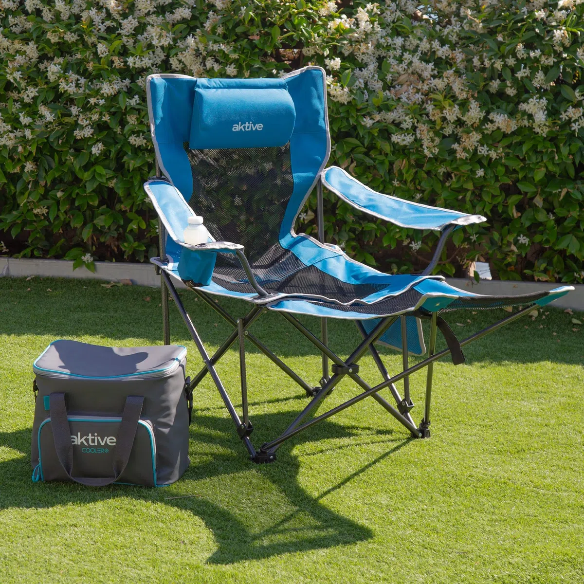 Aktive 63001 - Sdraio da campeggio pieghevole | Poltrona con cuscino e sottobicchiere | Capacità 1 persona | Supporta 110 kg | Lettino da giardino antiribaltamento per esterni