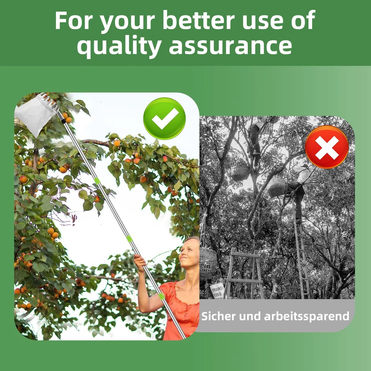 2.8m Raccoglitore Frutta Telescopico, Raccogli Frutta da Albero Acciaio Inox Leggero, Attrezzo Raccogli Frutta con Borsa in Cotone, Raccoglifrutta Regolabile in Mele