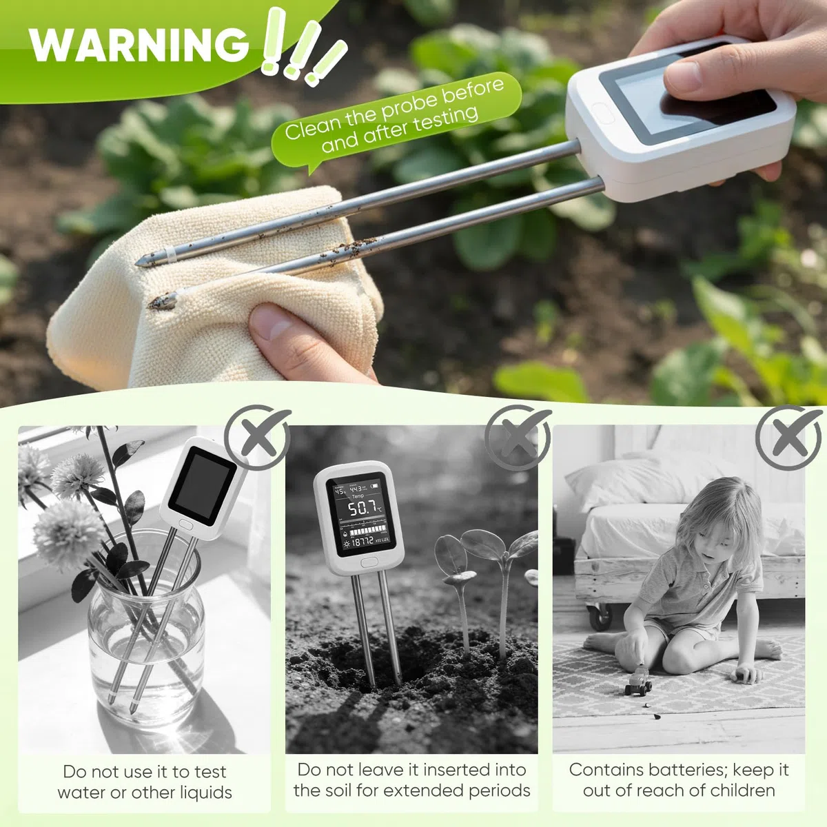 6-In-1 Misuratore del Terreno,Misuratore di Umidità per Piante,Sensore di Umidità del Suolo,Misuratore del PH del Terreno,Igrometro per Piante e Tester del Terreno per Prato,Giardino e Piante in Vaso
