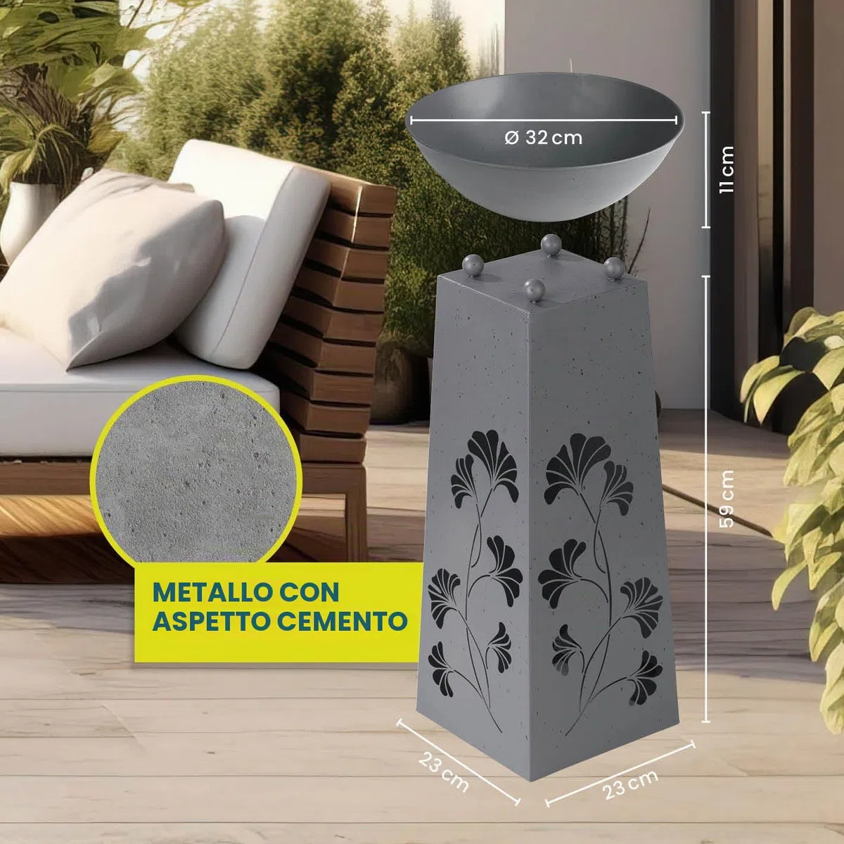 Hoberg LED Fioriera su piedistallo Foglie di Ginkgo Design in Color Cemento | Vaso Rimovibile (Ø 34cm) Adatto per Uso Interno ed Esterno | Illuminazione Integrata, USB o Solare [23 x 23 x 70 cm]