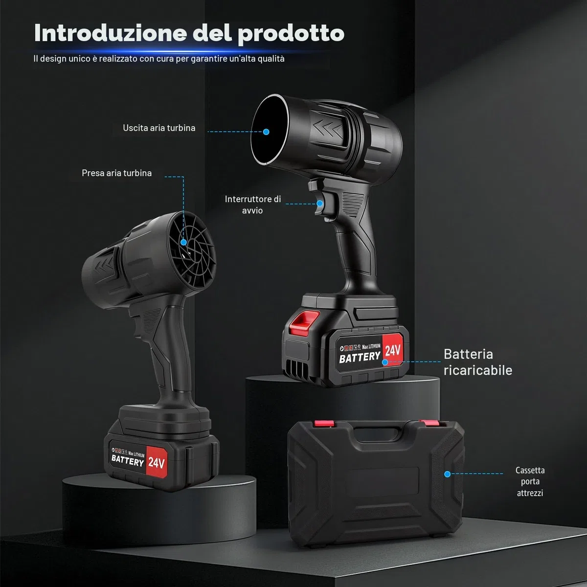 Soffiatore 21V 250000 tr/min, 130 MPH, 2 Batterie – Giardino/Auto/Campeggio | Motore 550 W, Portata 130 MPH, Leggero 0,8 kg, Impugnatura Ergonomica, Autonomia 30 min – Uso Interno/Esterno