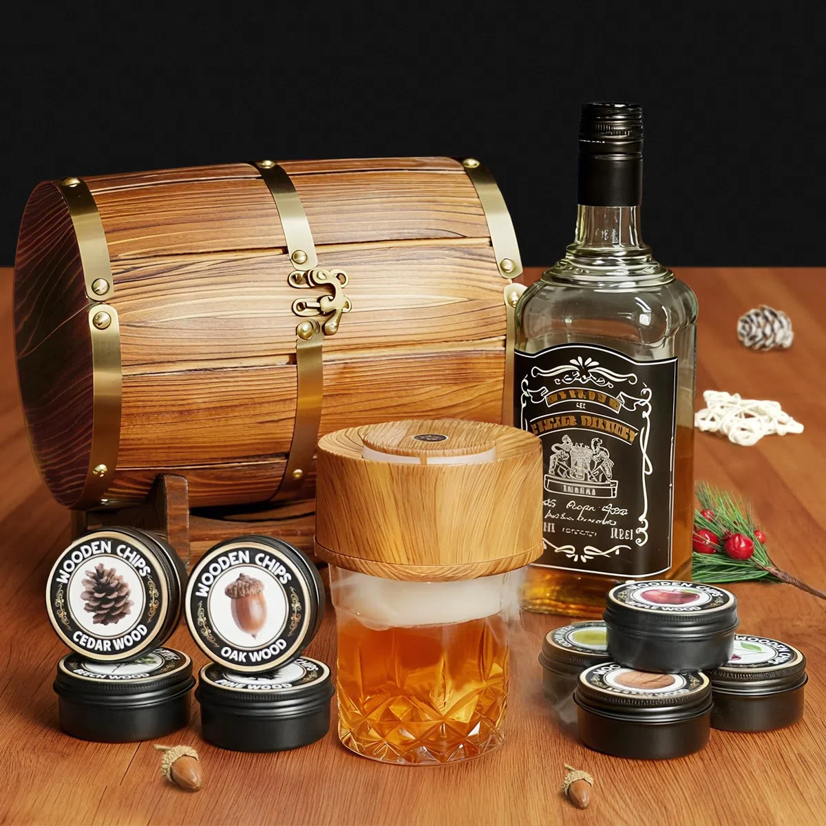 Kit per affumicare whisky con custodia in legno, affumicatore elettrico per cocktail e trucioli di legno da 8 gusti, kit per affumicatore vecchio stile Bourbon regali per uomini