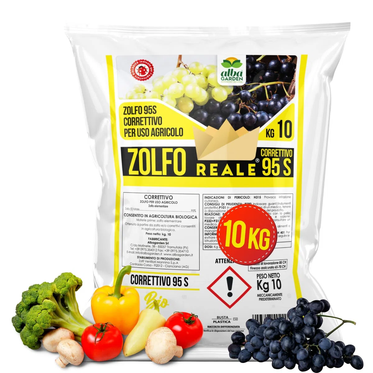 Albagarden - Zolfo in Polvere Correttivo x 10 Kg - Concime Minerale Naturale, Biologico per Vite Olivo Agrumi, Contro Oidio Mal Bianco Peronospora Ticchiolatura