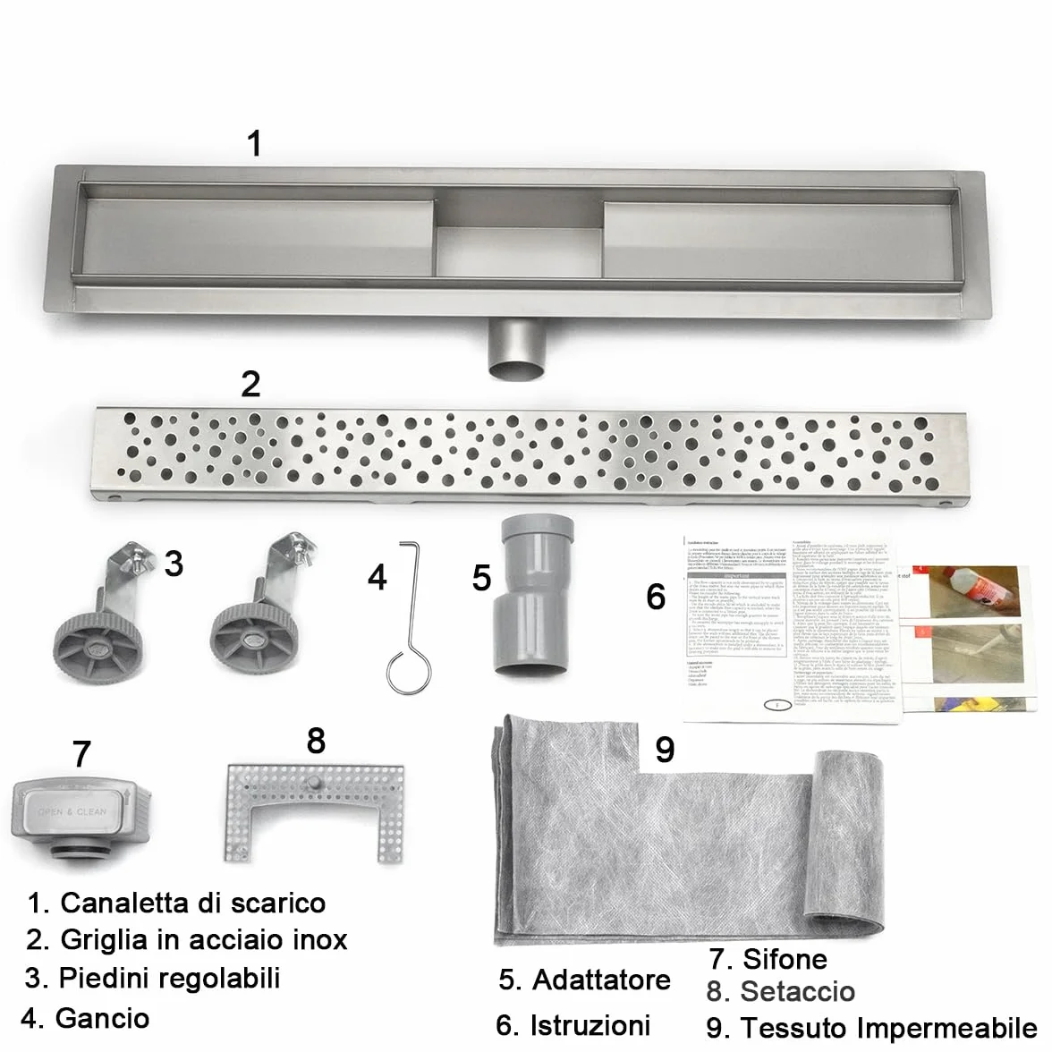 AICA ITALY Canale per Doccia con Sifone, Canale di Scolo con Dispositivo Deodorante e Filtro per Capelli, Canalina di Scarico a Pavimento 80 cm, Griglia con Disegno di Cavi Rontondi, Rettangolo