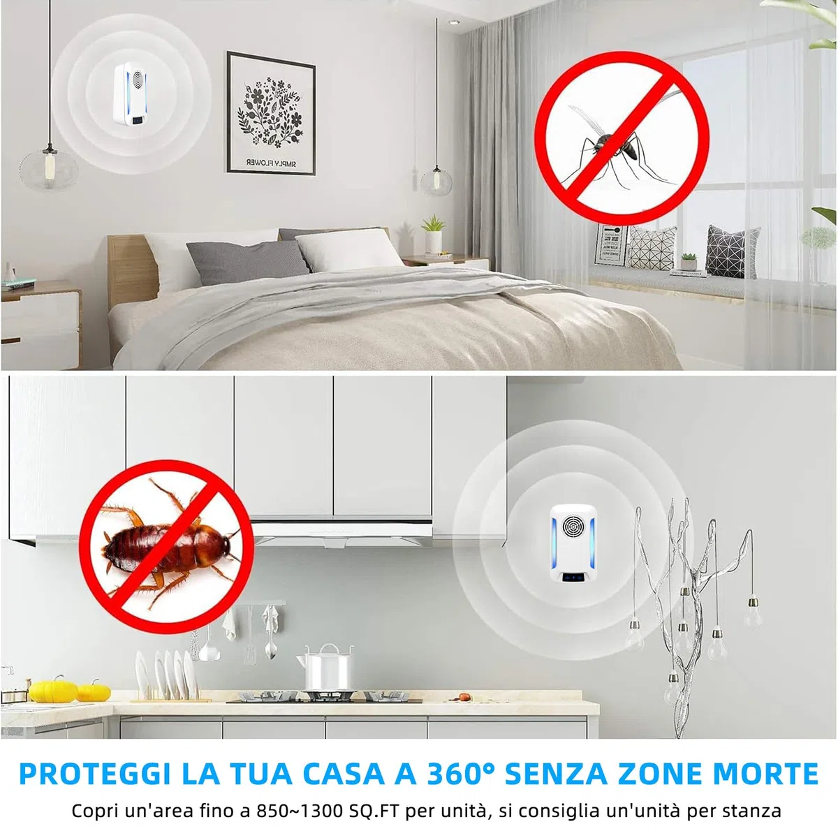 Ultrasuoni per Topi 6 Pack，Repellente Ultrasuoni Anti Zanzare, Elettrico Ultrasuoni Antizanzare, Repellente Ultrasuoni per Anti Topi, Zanzare, Scarafaggi, Formiche, Ragni, Roditori(Bianco)