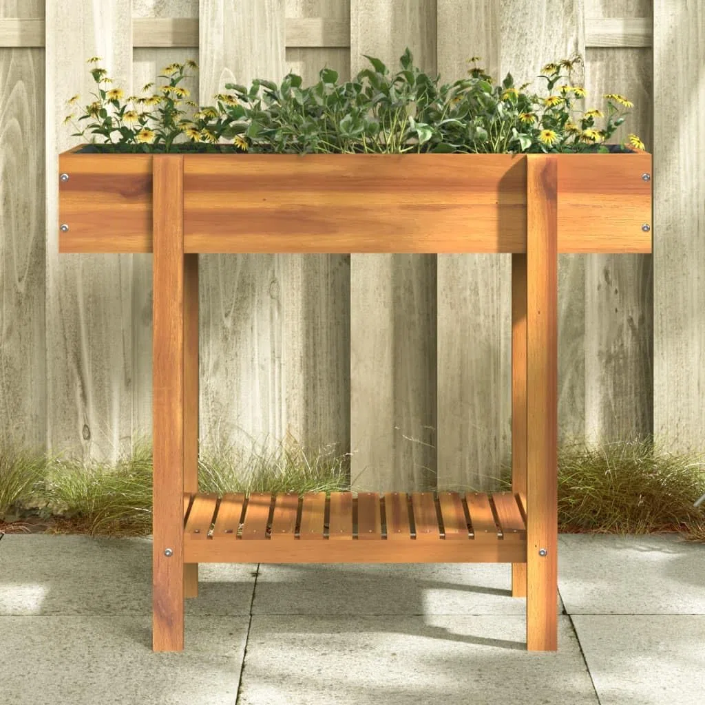 Fioriera Rialzata 90x30x75 cm Legno Massello Acacia da Giardino | Vasca per piante da balcone e patio con ripiano inferiore e sacco interno in tessuto, ideale per orto ed erbe aromatiche.