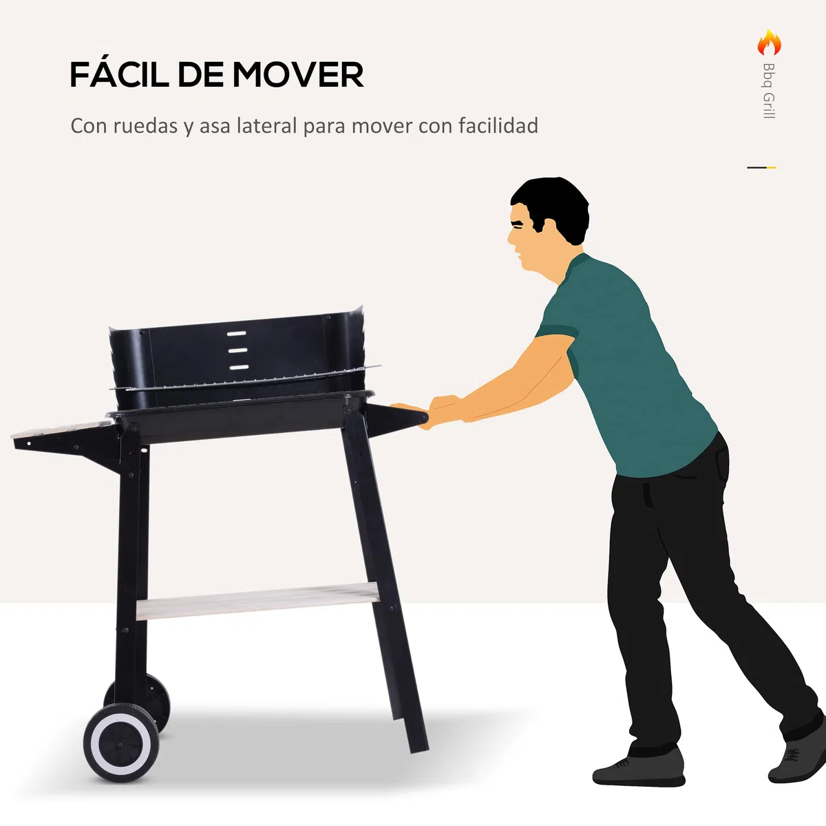 Outsunny Griglia a Carbone Barbecue BBQ Carrello Grill per Picnic con Ruote da Balcone Giardino in Ferro e Legno 83 × 37 × 87 cm Nero