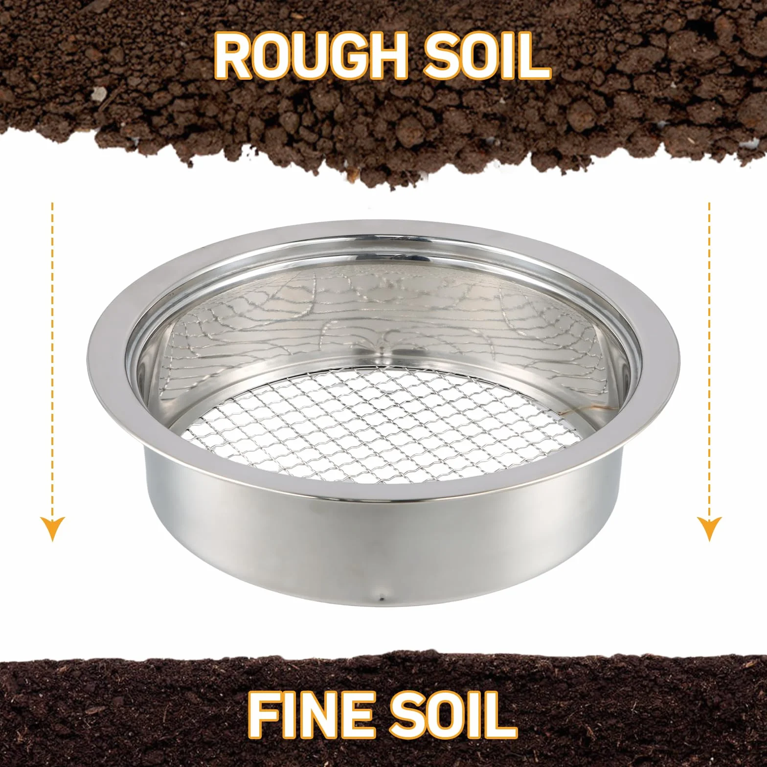 Setaccio Giardino, Colino da giardino in acciaio inox, Setaccio da giardino 3 in 1 in acciaio inox, con 3 Inserti Intercambiabili 3mm 6 mm 9 mm Setaccio Rotondo in Acciaio Inox, Setaccio per Compost