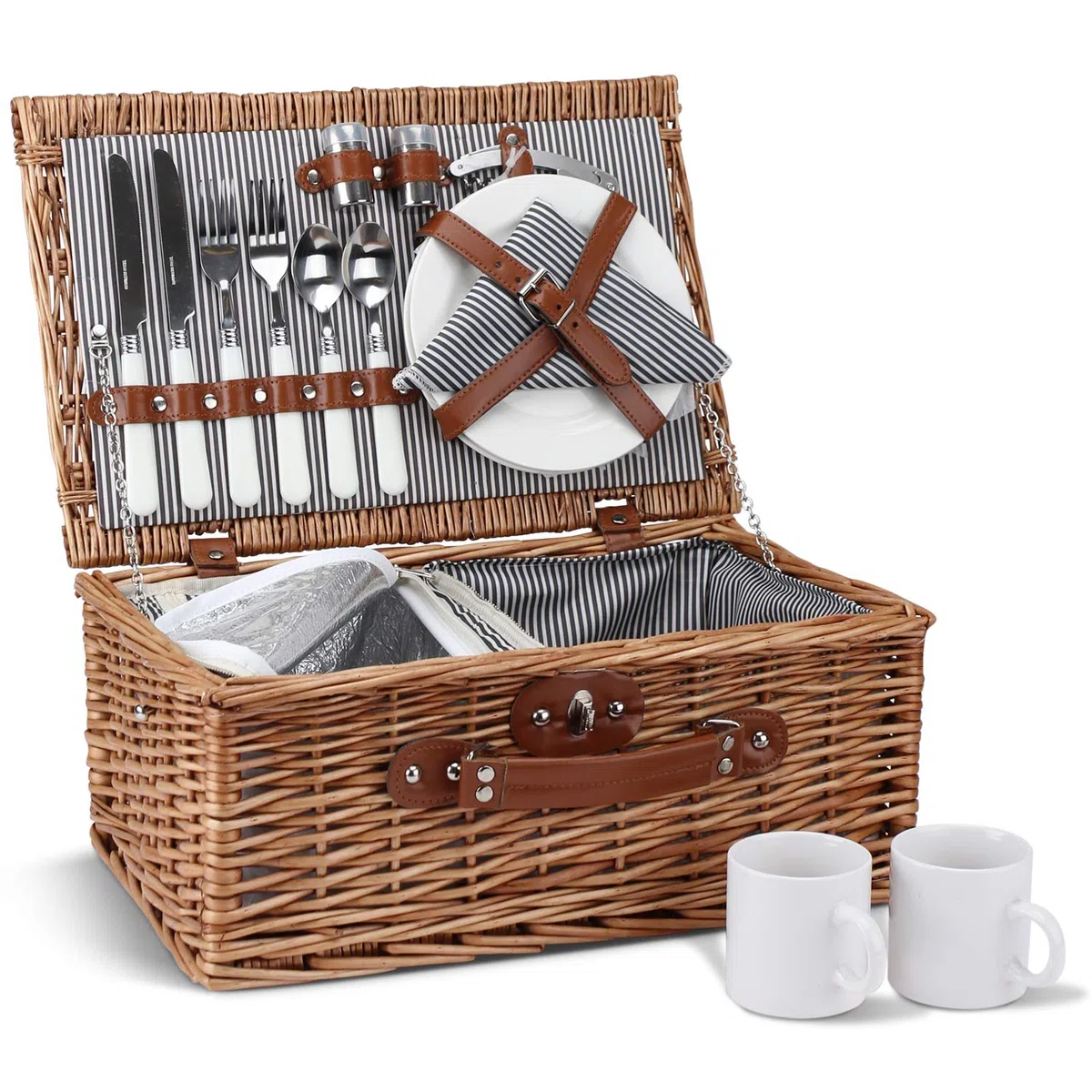 Set cesto da picnic in vimini per 2 persone con borsa termica, cesto da picnic con tazze, posate, bicchieri da vino, piatti e tovaglioli