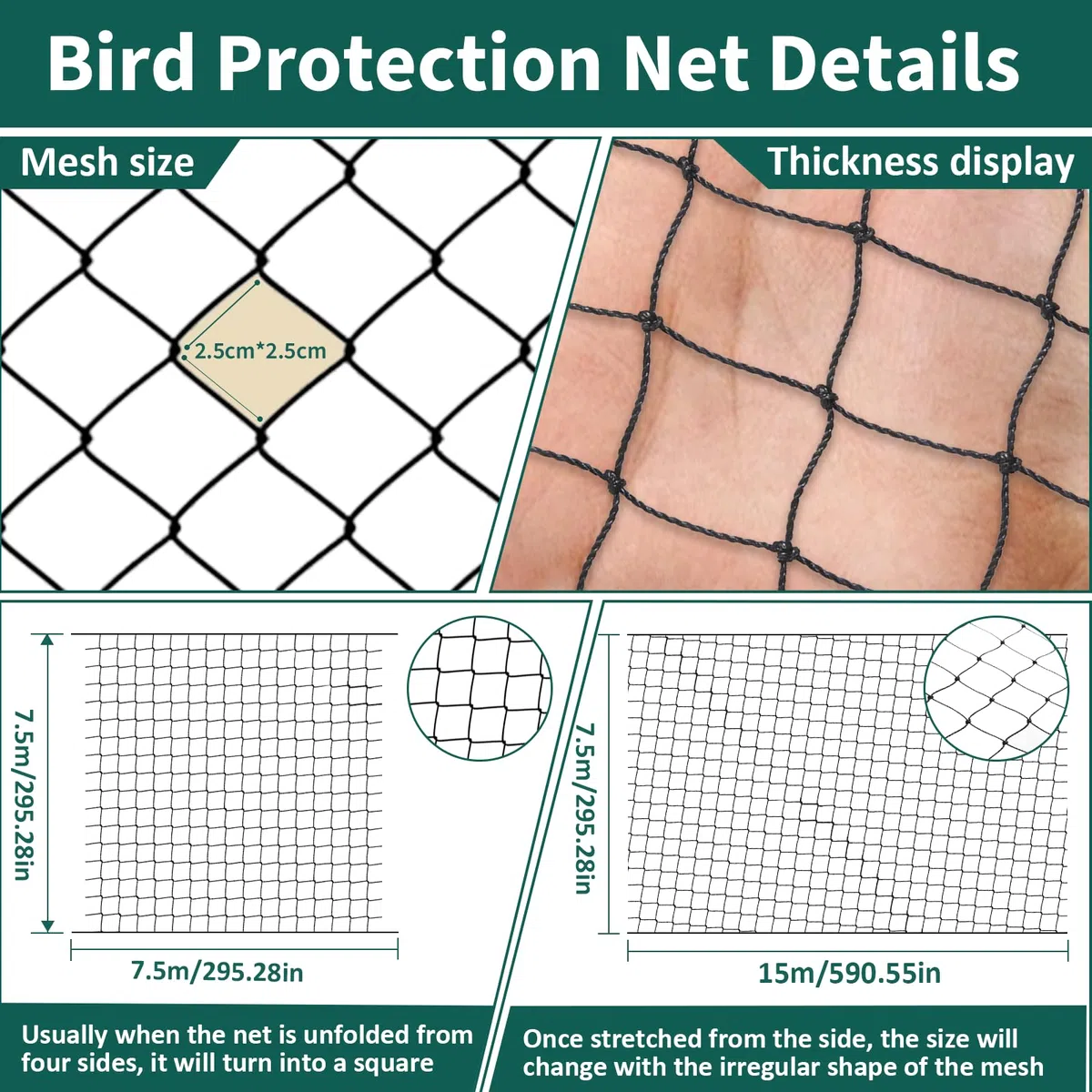 LALAGO Rete Anti Uccelli, 7,5m x 7,5m Maglia 25mm x 25mm Rete Anti Piccioni Uccelli, Rete Tessuta Extra Forte, Reti per Proteggere Giardini Stagni Frutteti Orti Recinzioni
