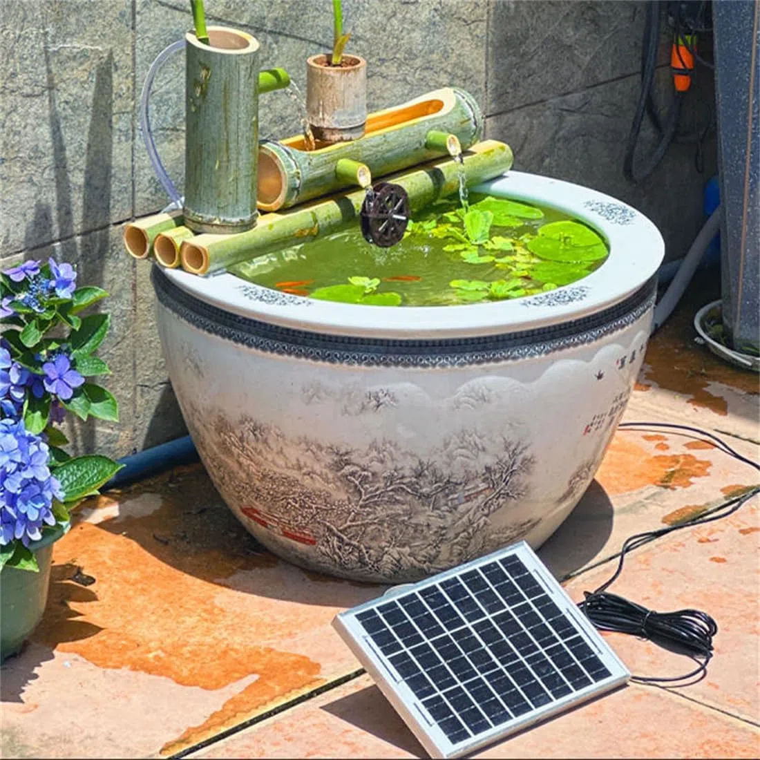 Kit fontana ad energia solare, in bambù, decorazione da giardino zen con pompa, fontana Feng Shui per giardino esterno