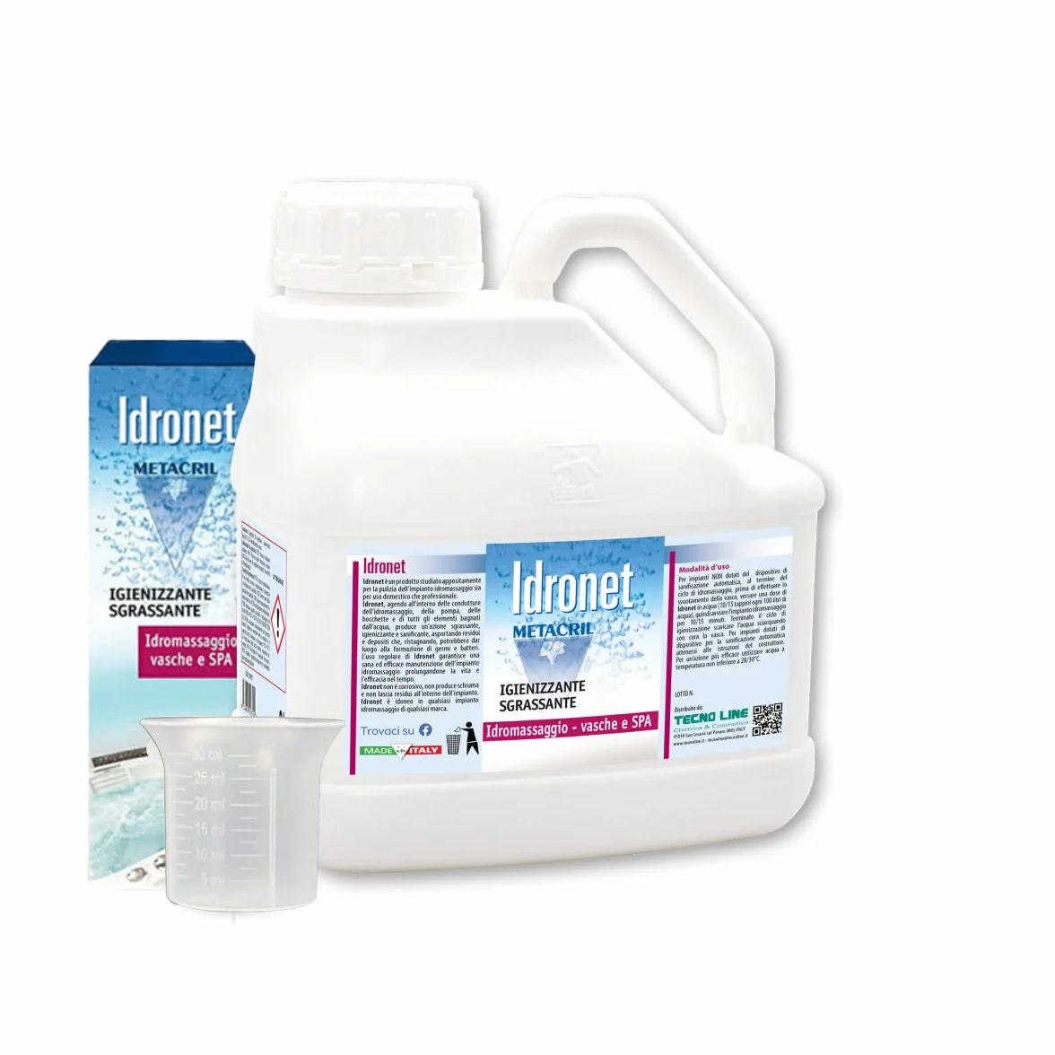 Metacril Idronet 3 LT Sanificante Specifico Universale per Vasca Idromassaggio Spa + Bicchierino Dosatore Graduato - Non Schiumogeno Ad Azione Igienizzante, Sgrassante e Anti Muffa.