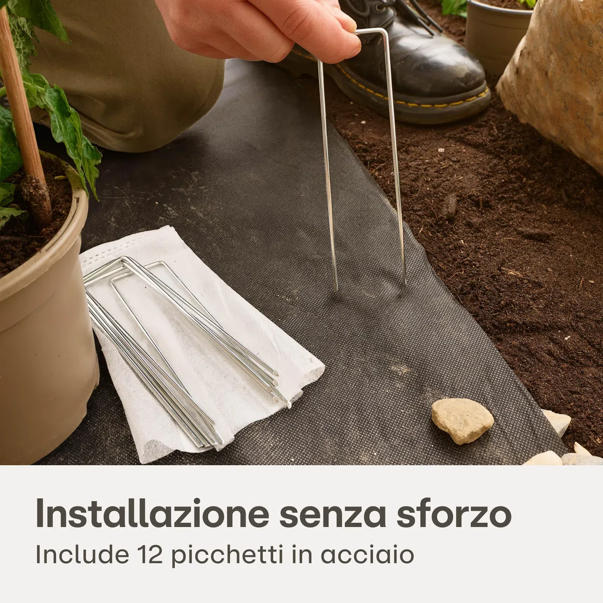 Praknu Telo Pacciamatura 150g/m² con 12 Picchetti – Extra Resistente & Antistrappo – 25m² Telo per Pacciamatura & Controllo Erbacce – Perfetto per Vialetti, Ghiaia & Giardini Rocciosi