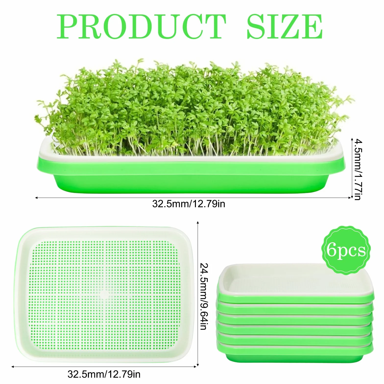 6 Pezzi Vassoio per Germinazione Semi 32.5x24.5x4.5cm Vassoi per Semi Impilabile Vassoio per Germogli in Plastica per Coltivazione Fagioli Mungo,Erba Medica,Erba di Grano