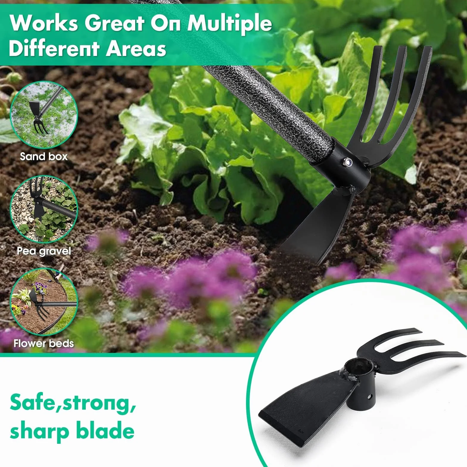 Zappa doppia da giardino, Zappetta da Giardino con Manico da 114 cm, Zappetta da Giardino con Tridente per Dissodare e Diserbare, Coltivatore Manuale da Giardino