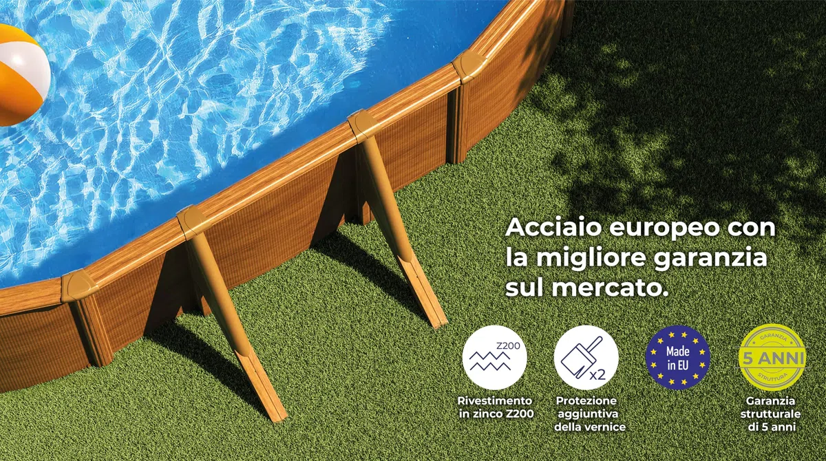 Gre KIT610W Pacific. - Piscina fuori terra in acciaio, ovale con aspetto in legno. Piscina scomponibile per Giardino. 610 x 375 x 120 cm