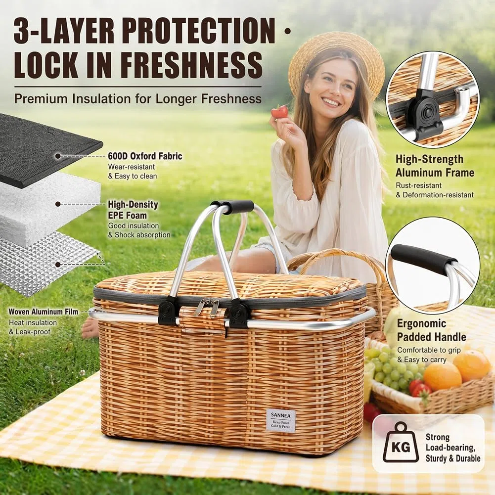 Cestino da picnic con soleggiamento, cestino in vimini, pieghevole, 25 l, borsa termica termica, cestino refrigerante, pieghevole, per il pranzo, per viaggi, picnic