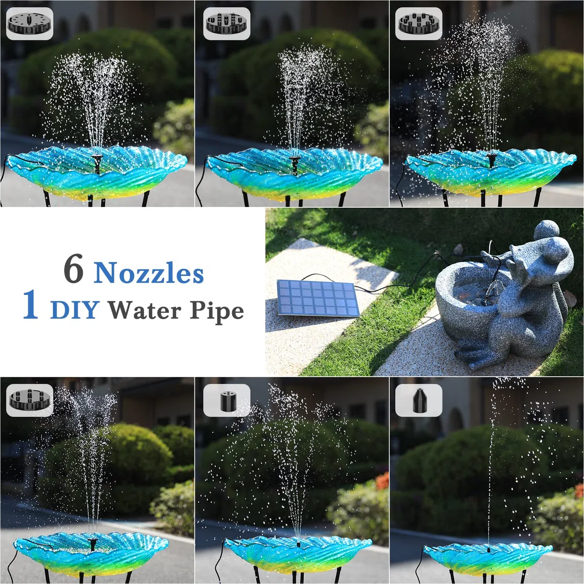 AMZtime Fontana Solare 2,5W, Fontana Solare Fai Da Te 2024 Aggiornamento con tubo da 1,2 m e 6 Ugelli, DIY Solare Stagno Pompa per Laghetto da Giardino, Bagno Degli Uccelli, Vasca per Pesci