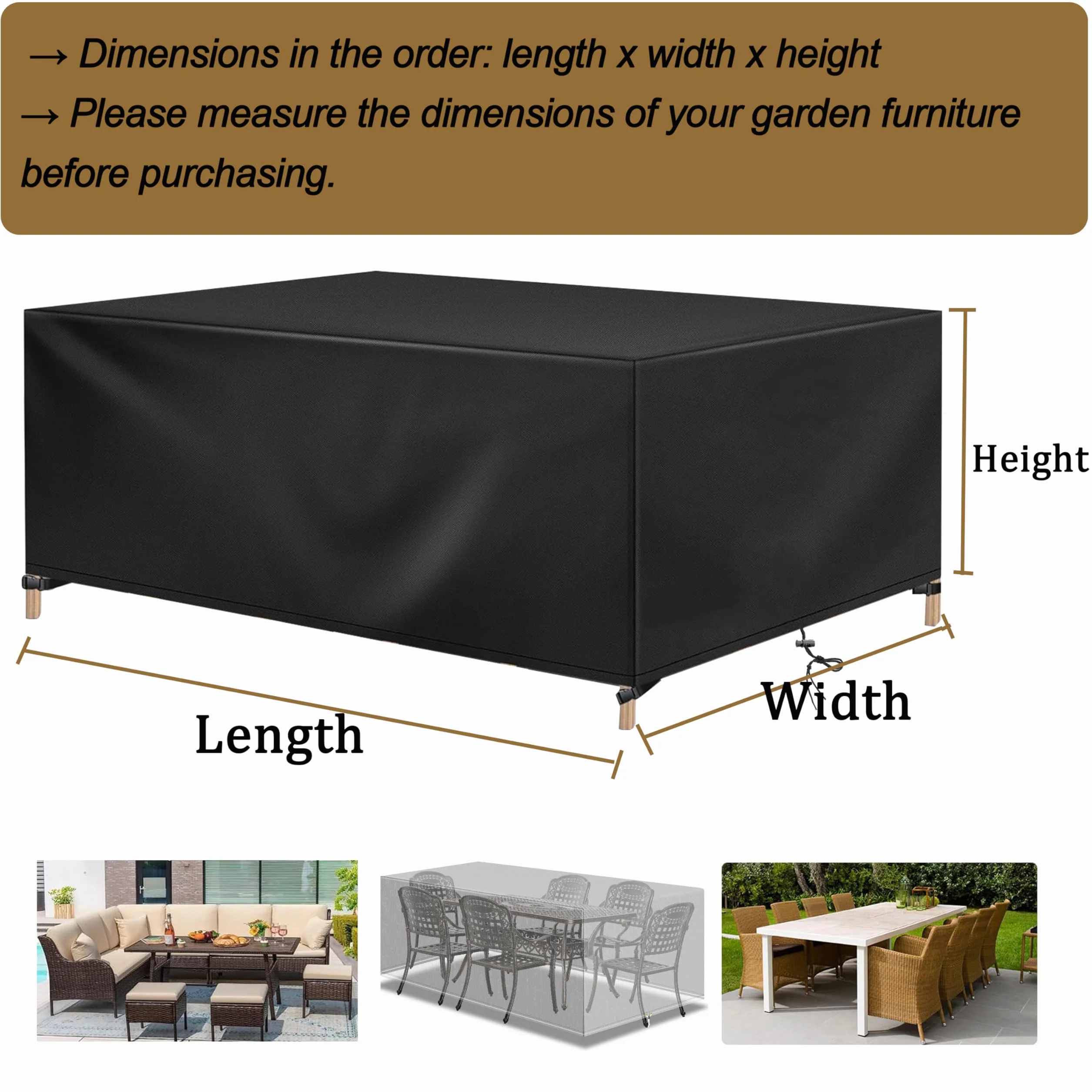HNKDKJ Copertura per Mobili da Giardino 250x100x54cm/LxPxA Copertura Tavolo Esterno Impermeabile Telo Oxford Resistente Allo Strappo Resistente Allo Strappo Quadrato/Rettangolare, Nero