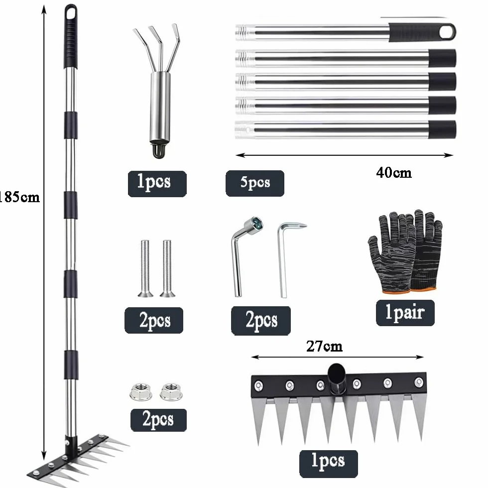 Trinciatore per erbacce con manico lungo 185 cm, utensile multiuso da giardino, rastrello per erbacce in acciaio inox con 8 denti, rastrello da giardino, zappa per erbacce