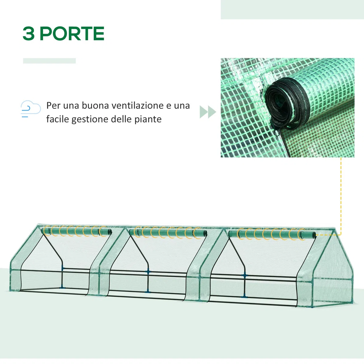 Outsunny Serra per Orto Impermeabile e Anti UV con 3 Finestre Avvolgibili, Mini Serra per Piante in Acciaio e Polietilene, 400x100x80 cm, Verde