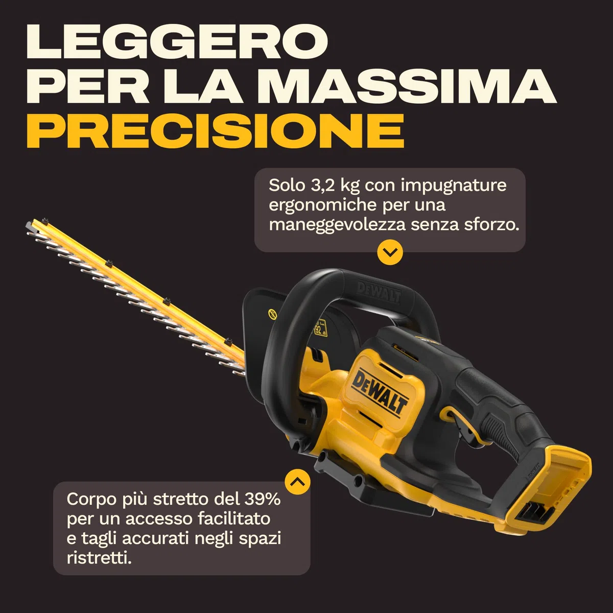 DEWALT Motosega Compatta Brushless 30cm 18V XR, progettato per tagli rapidi e precisi grazie alla sua robusta lama da 55 cm e allo spazio di 19 mm, Solo Utensile, DCM565N-XJ