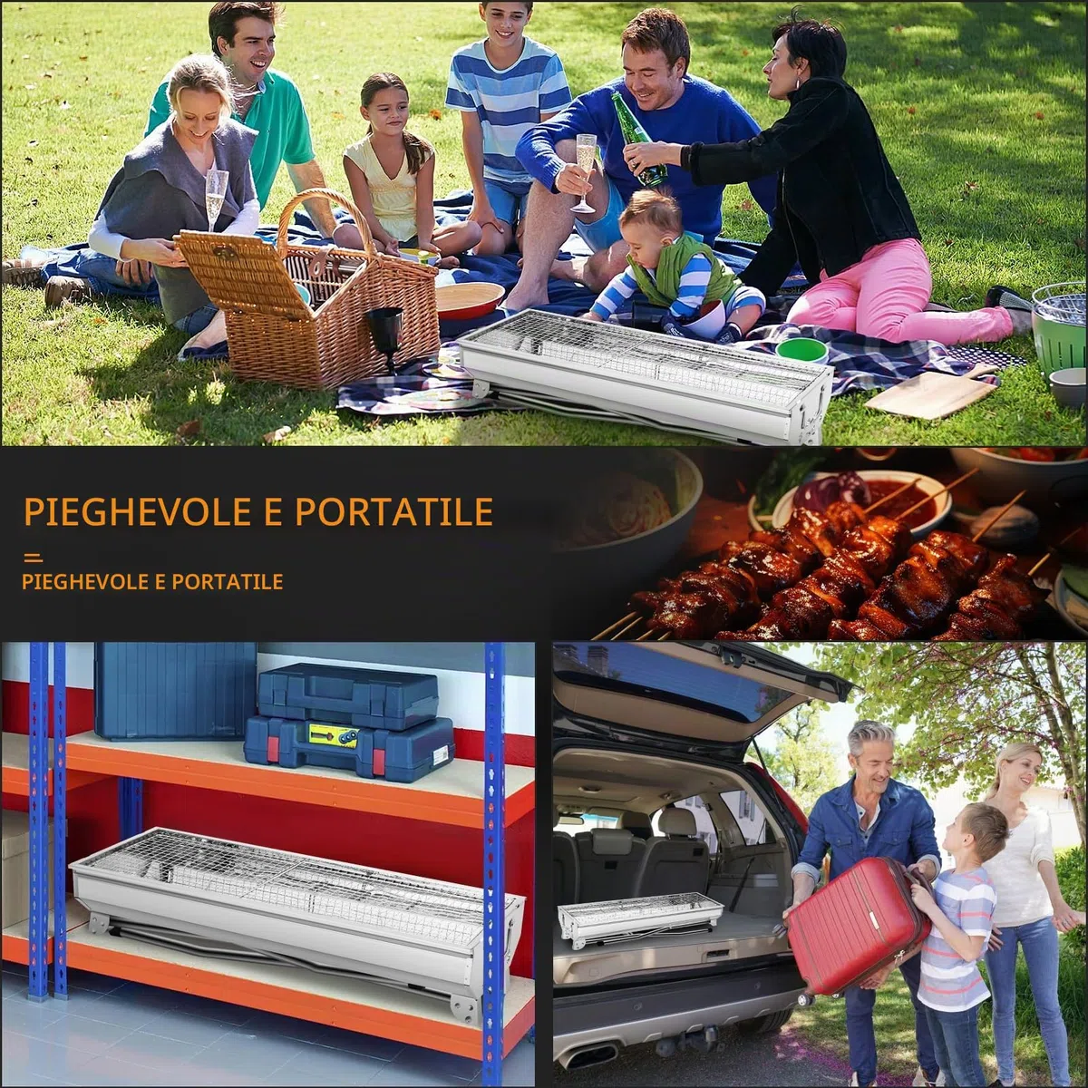 Barbecue a carbonella XXL (73 * 28 * 76 cm), Barbecue portatile a carbone, Griglia pieghevole in acciaio inox, Barbecue a carbone per esterni, Barbecue da tavolo a carbonella, Carrello barbecue