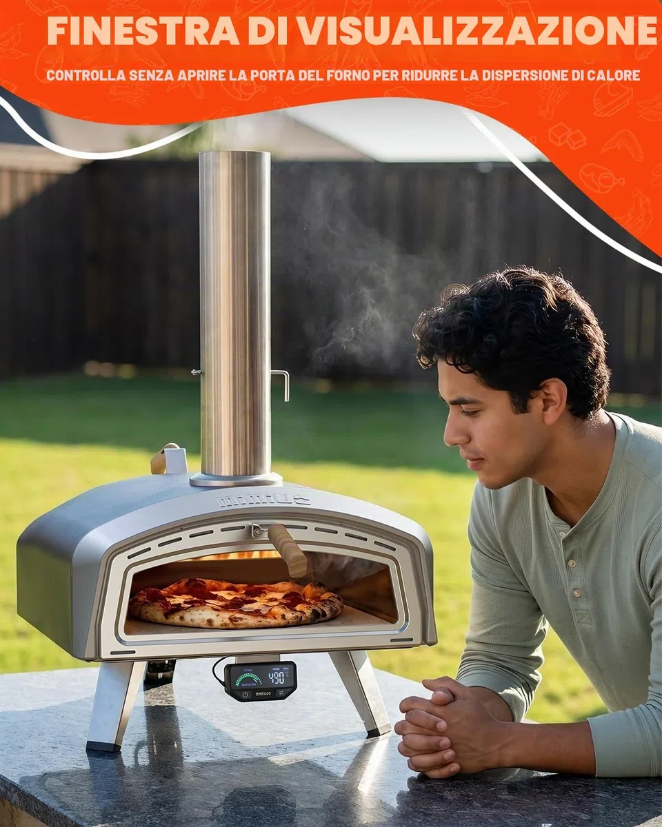 Mimiuo Forno Pizza de Esterno 16", Forno a Legna e Carbonella con Ampia Finestra di Visualizzazione, Indicatore di Temperatura Intelligente con Modalità Intelligenti per La Cucina All'aperto